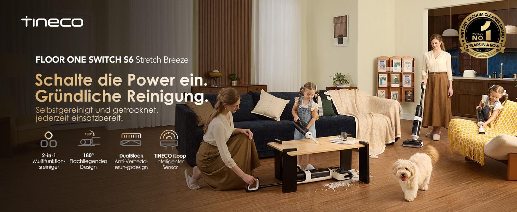 Tineco Floor ONE Switch S6 Stretch Breeze Nass Trockensauger 180° Lay-Flat 85°C Flashdry 5-in-1 Selbstreinigung Handstaubsauger (Stretch S6 Combo)