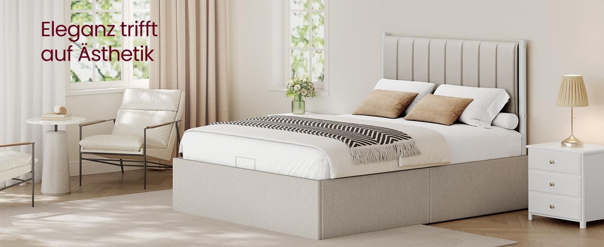 VASAGLE Bettgestell, 140 x 200 cm, hochklappbar Lattenrost, Stauraum unter dem Bett, mit Kopfteil, beige