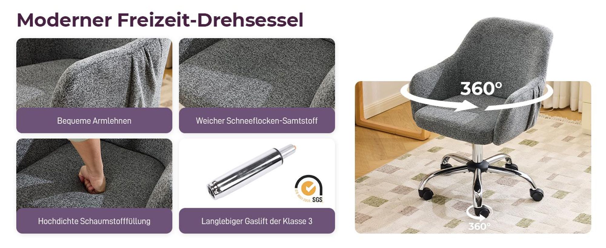 Schreibtischstuhl mit Armlehnen, Drehstuhl mit Rollen, Bürodrehstuhl, Polsterstuhl, Grau