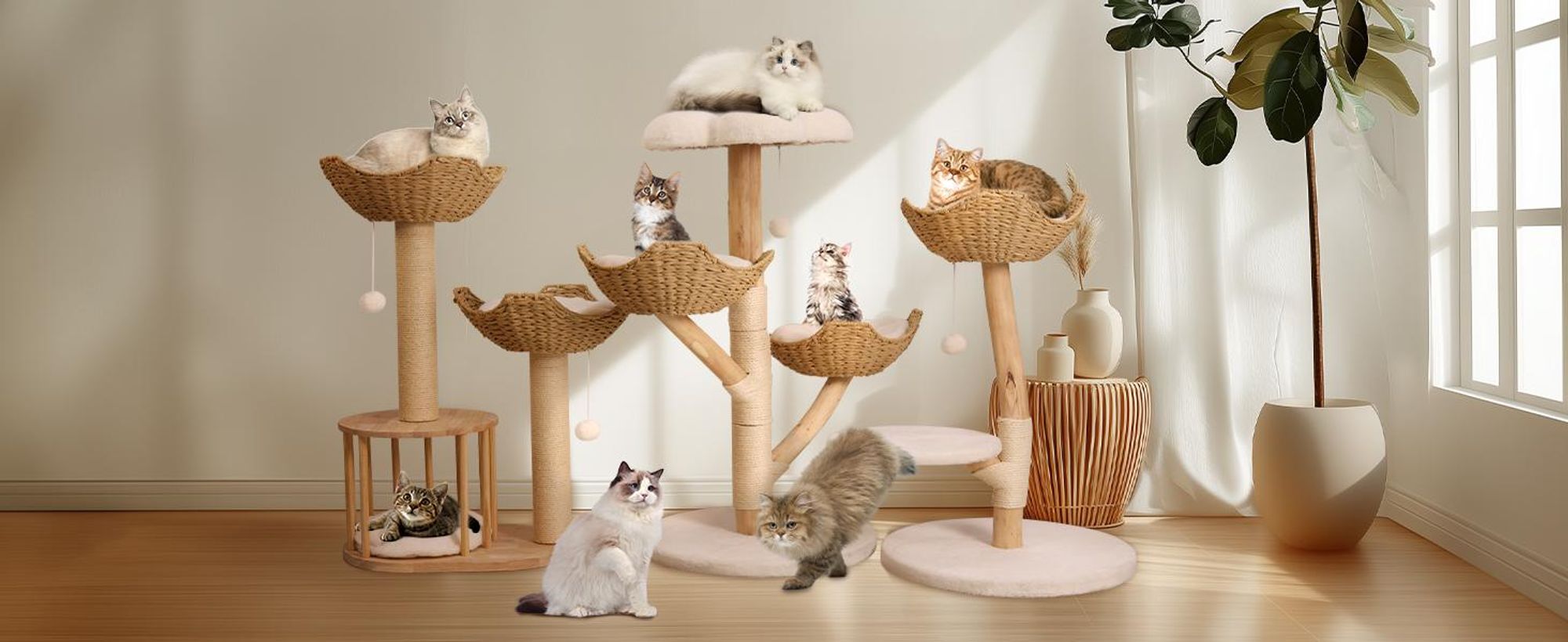 FATIVO Kratzbaum Modern Katzenbaum Holz-111cm Luxus Katzenkratzbaum mit 2 Weidenkorb Sisalstamm Sitzplattform Plüschbal für mehr Katzen