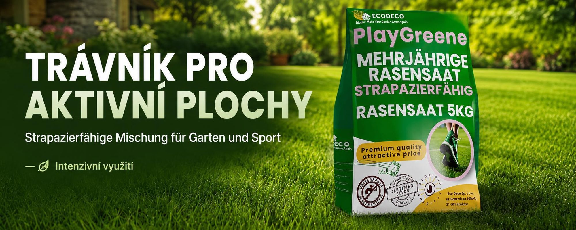 EcoDeco travní semena univerzální, odolná vůči sešlapu, samohustící směs 5 kg pro zahradu a sportovní trávníky