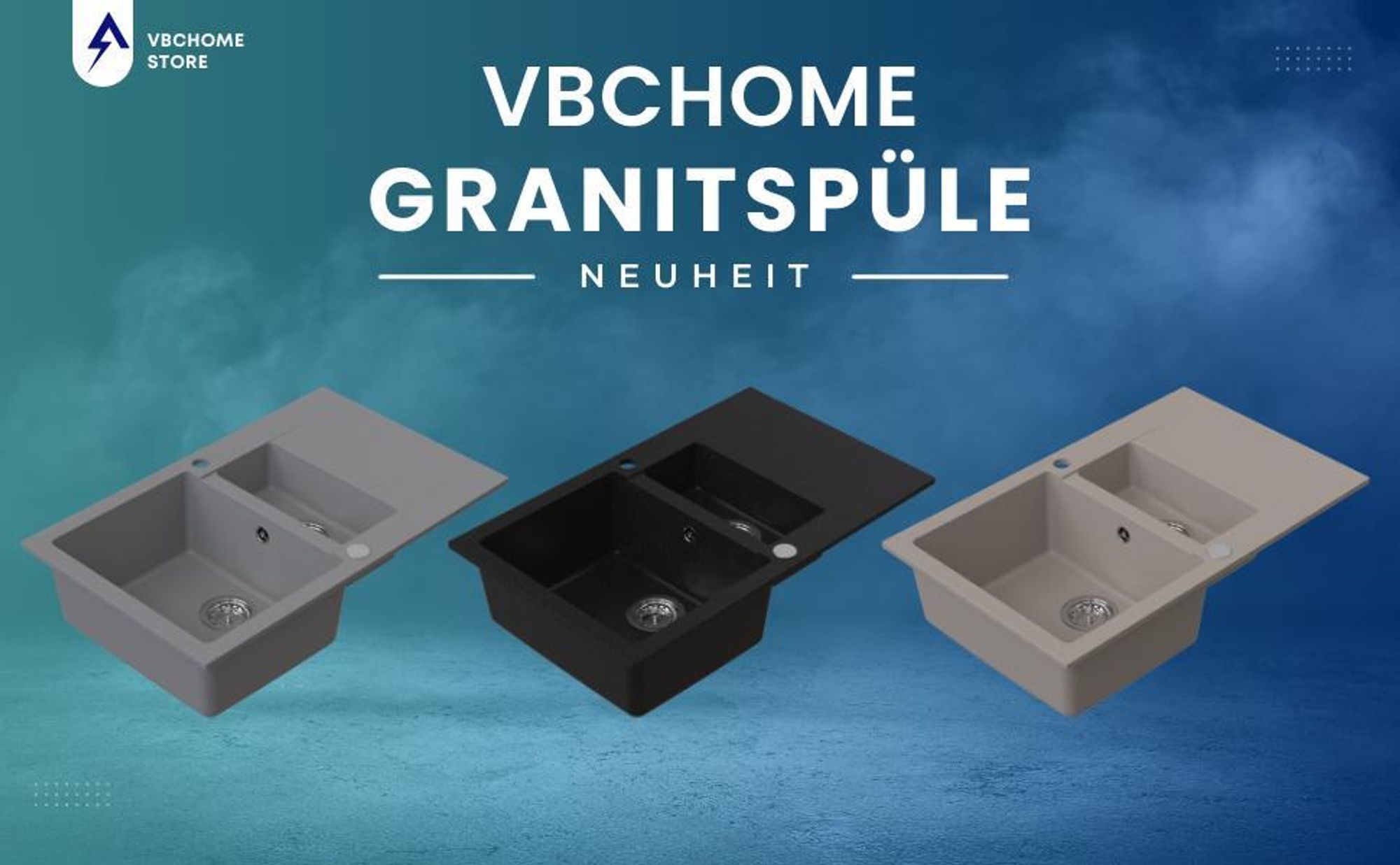 VBChome Spülbecken 80x50x20 cm Schwarz Granit 1,5 Becken Abtropffläche Einbauspüle gesprenkelt Restebecken Siphon