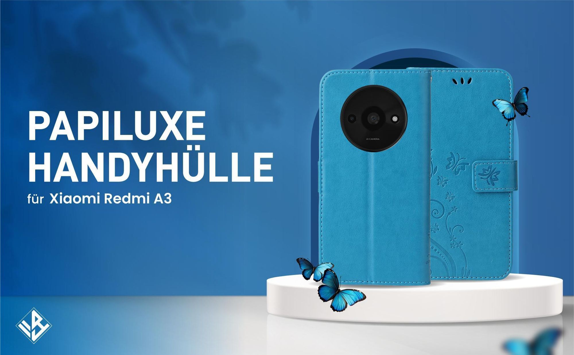 Blaue Klapphülle im Schmetterling Design für Xiaomi Redmi A3 mit Wallet-Funktion