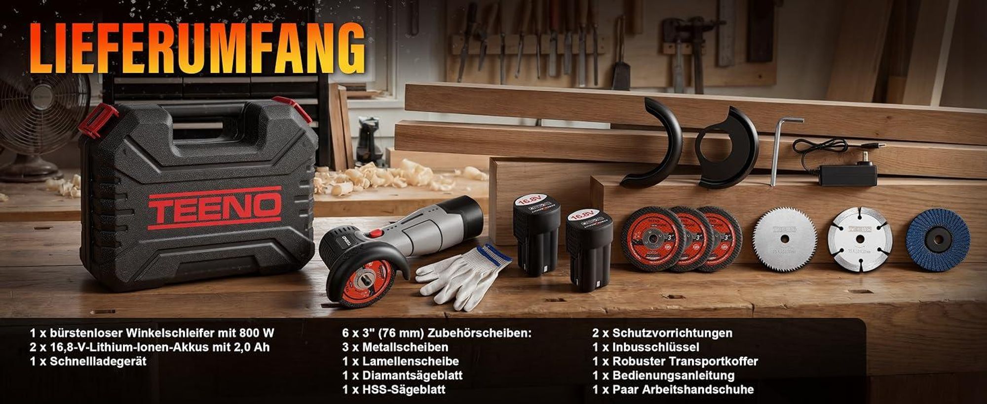 TEENO Akku-Winkelschleifer Bürstenlos 16,8V 76mm 19.500 U/min, 2 Akkus 800W Motor, LED-Display, 2x2000mAh Akkus, 6 Scheiben & Koffer. Schneiden.