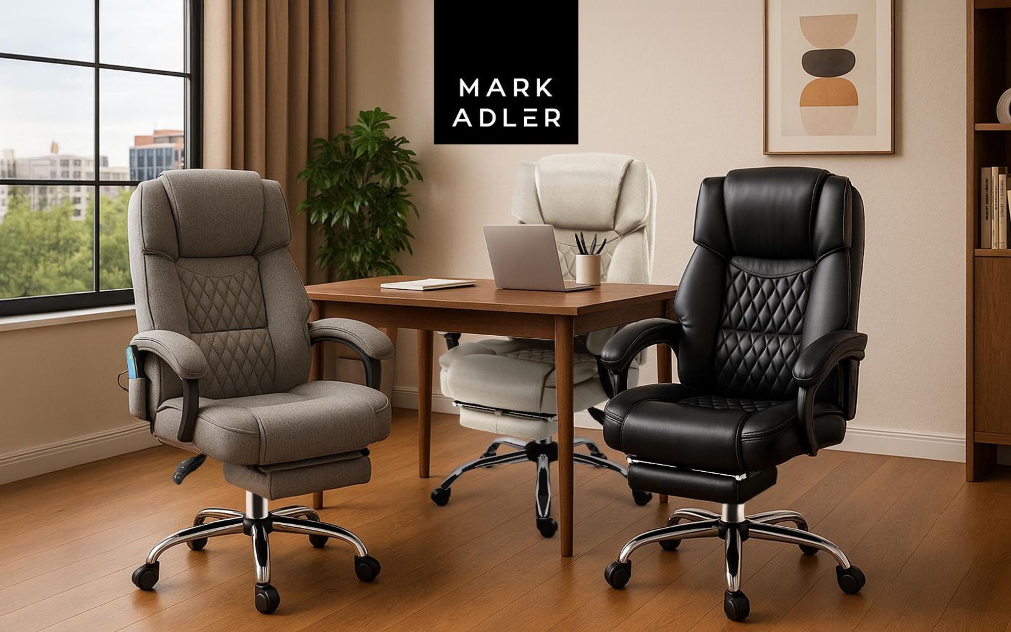 Mark Adler Boss 6.0 | fotel biurowy z masażem ergonomiczny fotel gabinetowy | funkcja masażu | podnóżek | funkcja podgrzewania | obrotowy | imitacja skóry  | beżowy