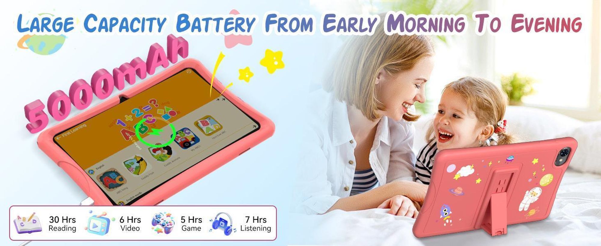 KOBONA-Tabwee K10 Kids 10.1" Rosa Tablet, Google Kids Space, 4+64GB ROM, Android 15 WiFi Tablet für Kind mit Kindgerechte Hülle und Stift, 5000mAh