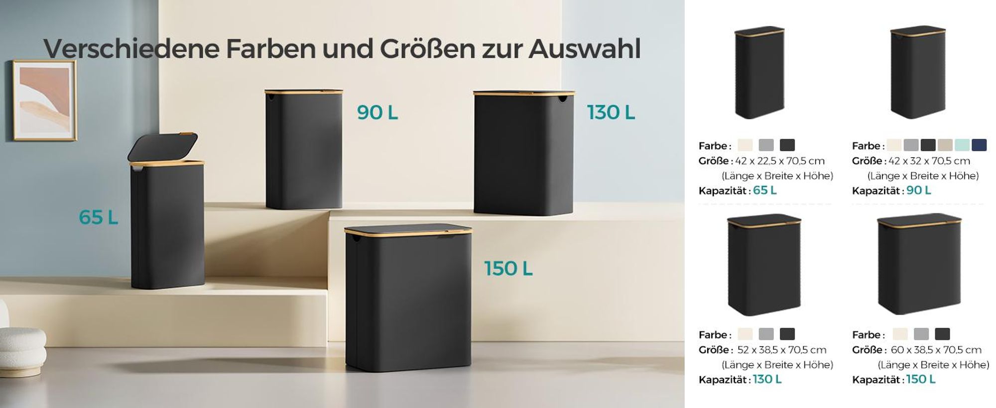 SONGMICS Wäschekorb mit Deckel, 65 L, herausnehmbarer Wäschesack,Griffe aus Bambus