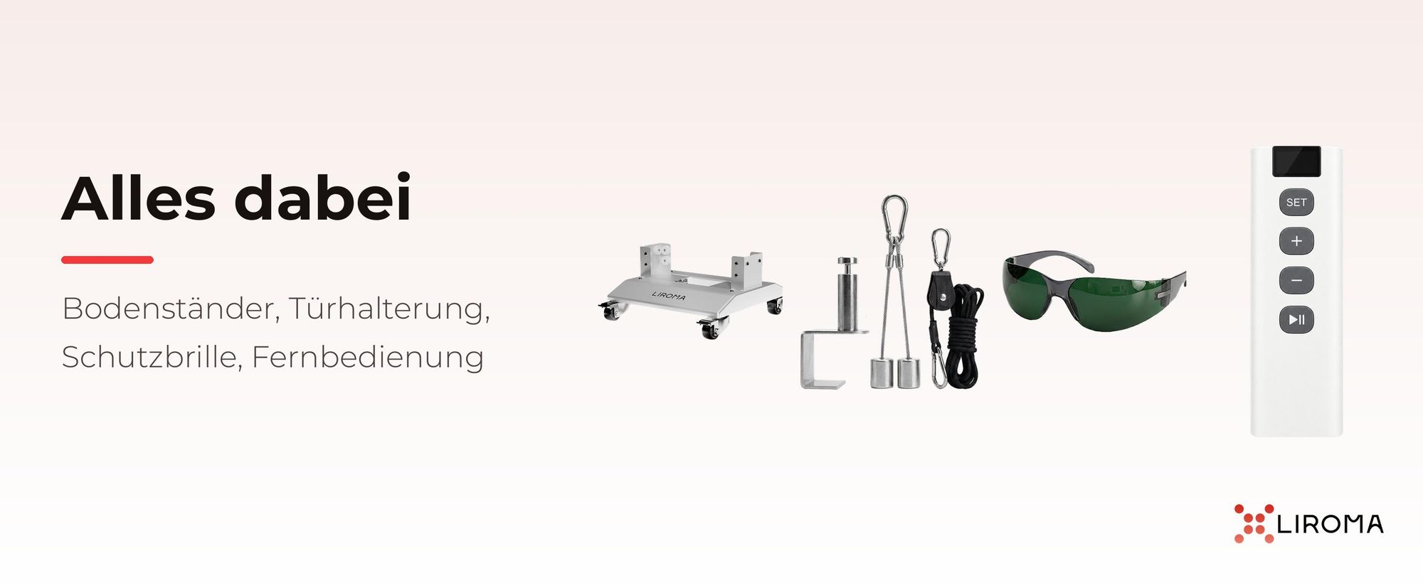 Lieferumfang PrimeFORCE Advanced: Bodenständer mit Rollen, Türhalterung, Schutzbrille, Fernbedienung