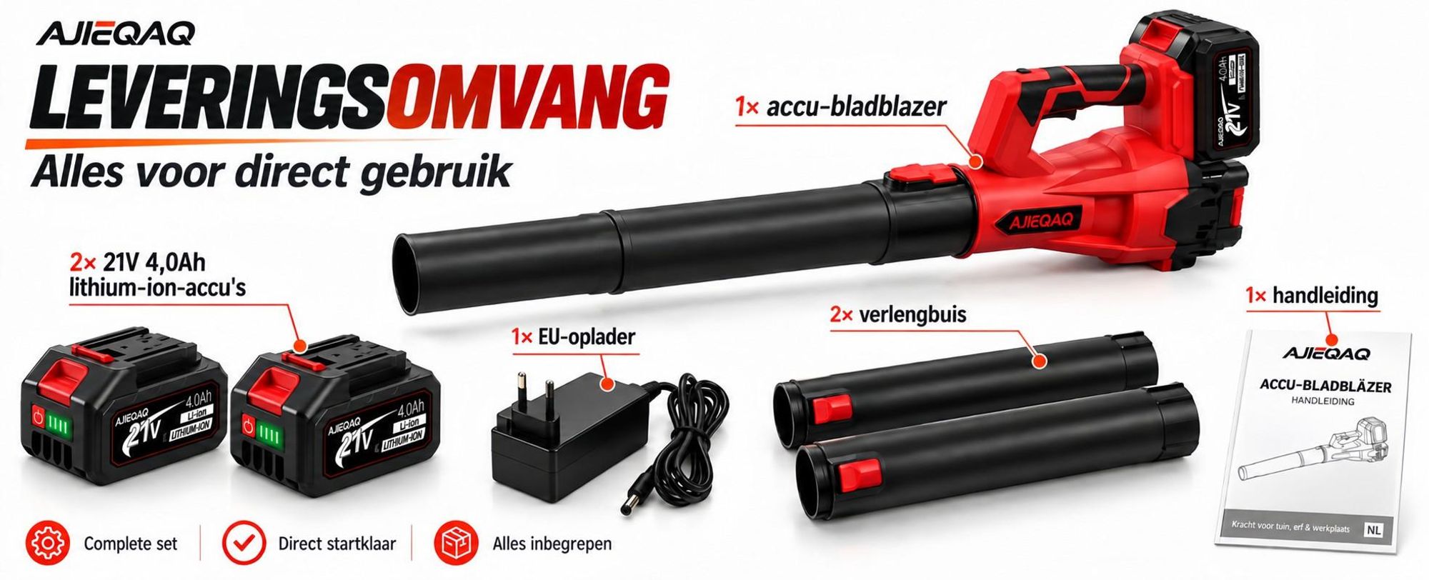 Accu Bladblazer 21V Brushless, 2×4,0Ah Accu’s, 320 km/u, 6 Standen met Turbo, 1000W, Draadloze Bladblazer met 2 Buizen