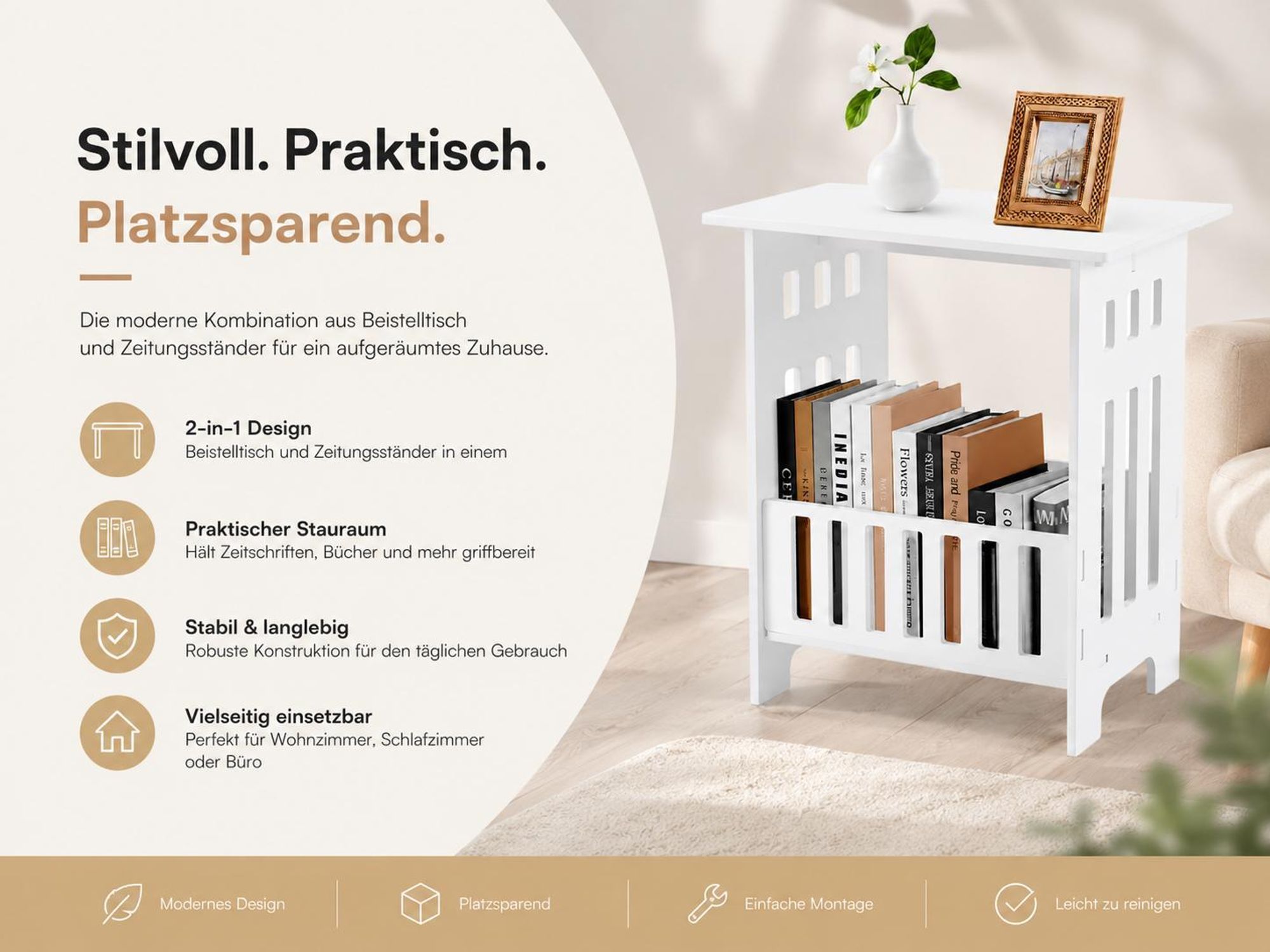 Beistelltisch Nachttisch Abstelltisch Holz Weiß 40x34x25cm Kleiner Couchtisch mit Ablage Einfache Montage YaLiva_Decor®