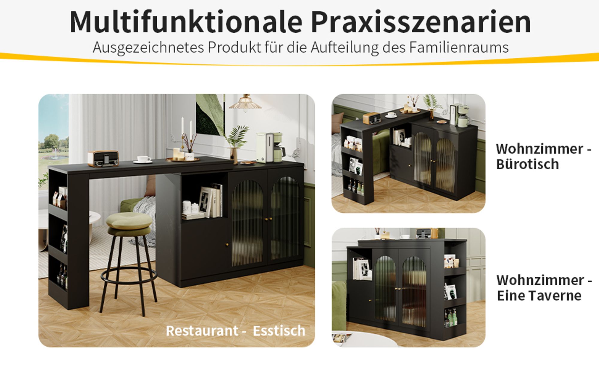 Flieks Bartisch 360°drehbar, Stehtisch mit Sideboard, Küchentisch ausziehbar, Kaffeebar mit Schrank, Sideboard mit Glastür, Schwarz