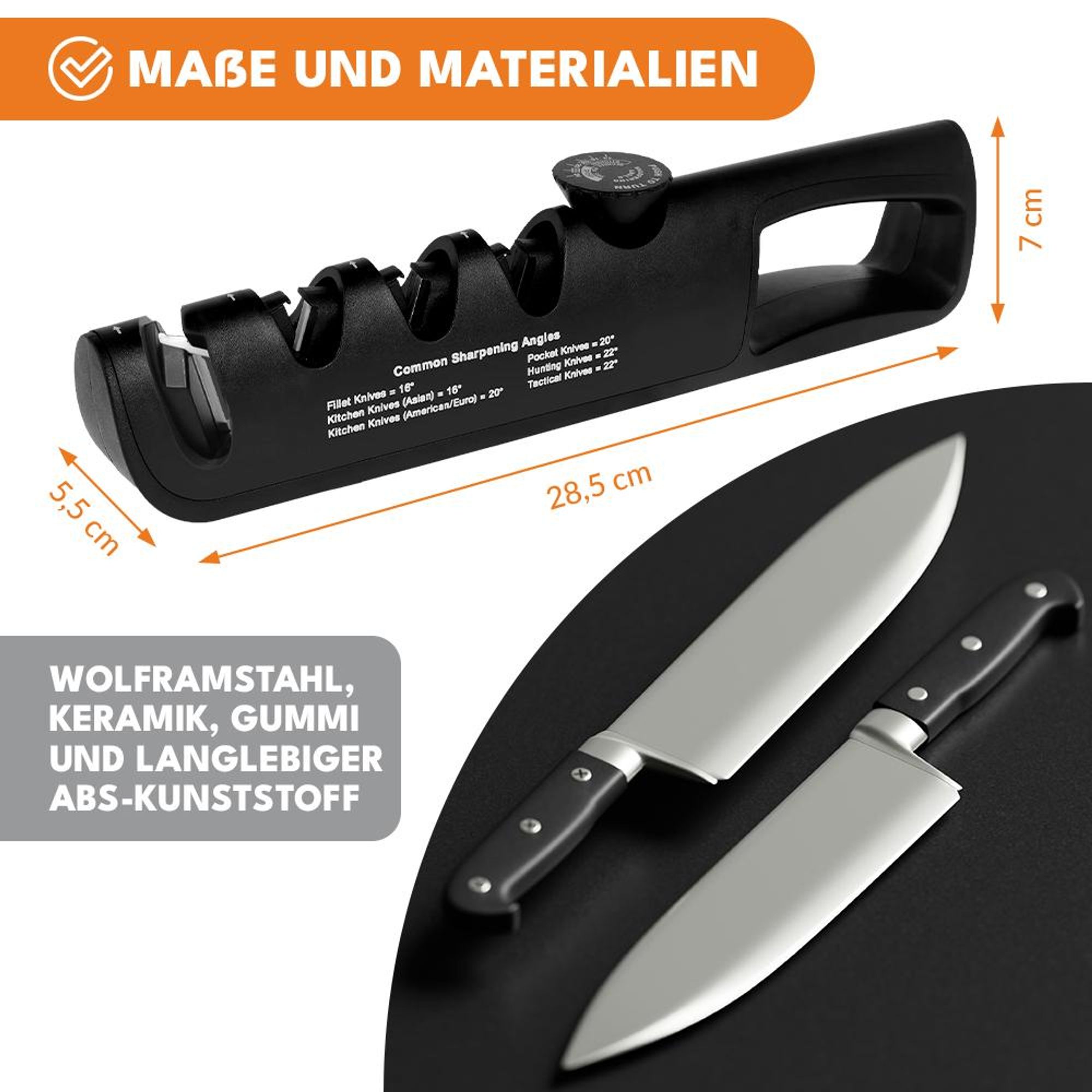KRUMAD Messerschärfer 3-stufig, einstellbarer Winkel - Professionelle Schärfung für Küchenmesser, Outdoor-Messer, Klappmesser und Scheren