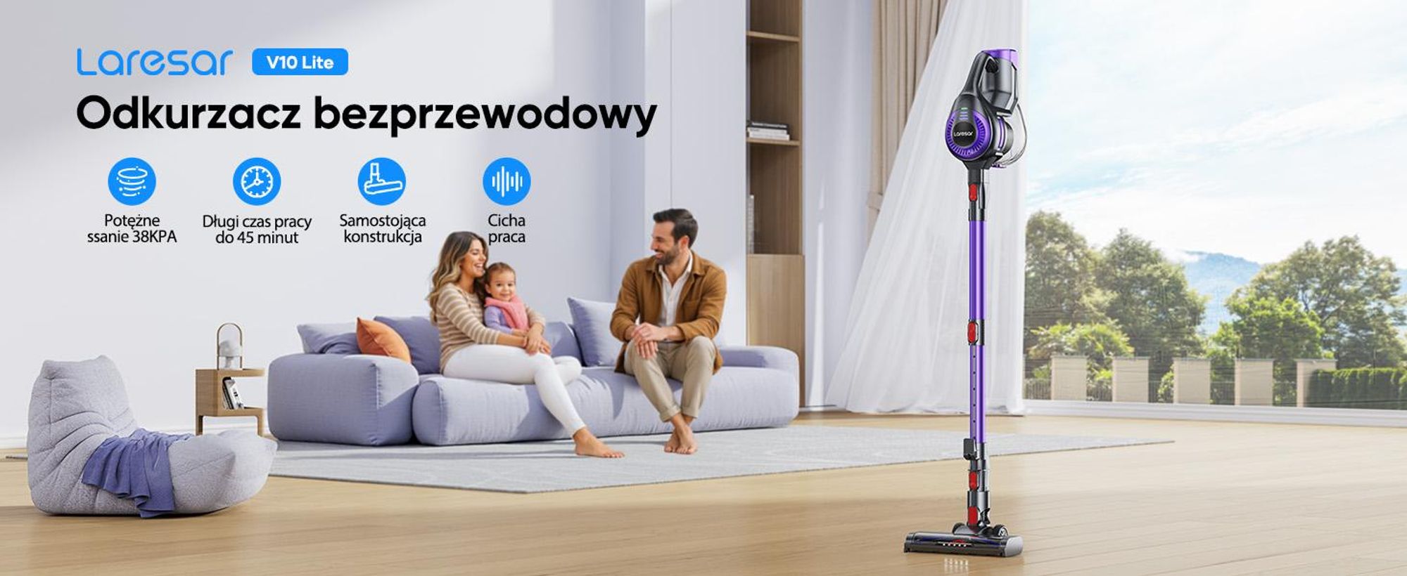 Laresar V10 Lite Odkurzacz bezprzewodowy, 38 000 Pa, czas pracy do 45 minut, wałek zapobiegający plątaniu się włosów, szczotka w kształcie litery V