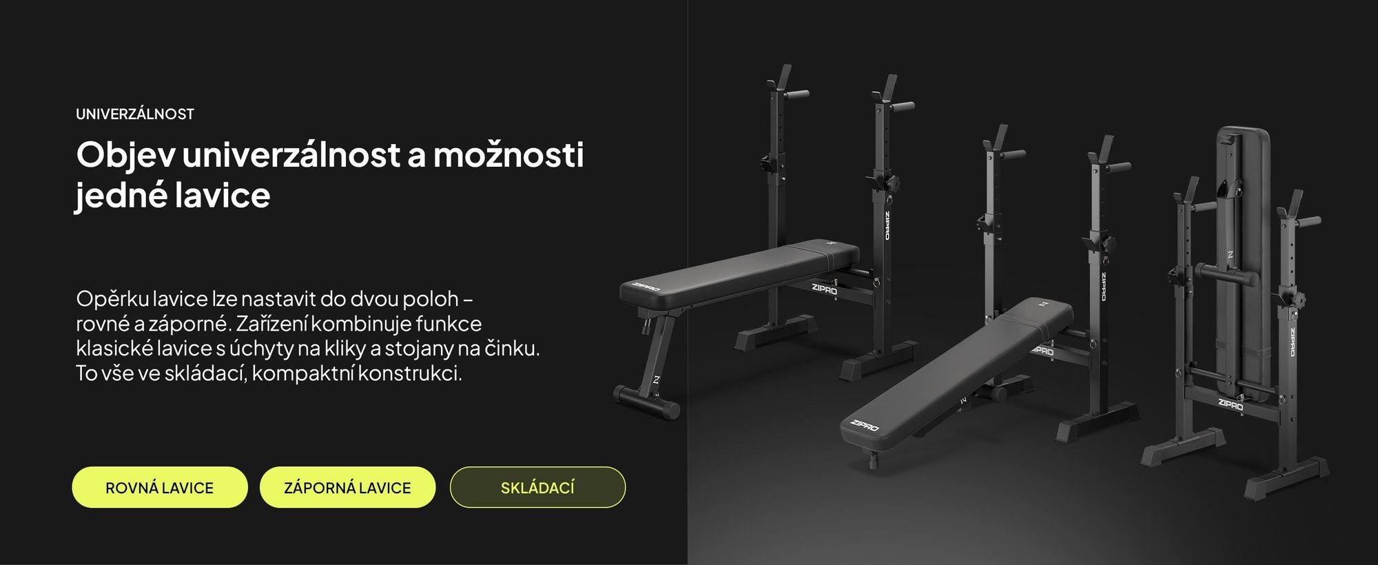 Zipro posilovací lavice s držákem na činky Core – skládací lavice pro bench press Plochá lavice s hrazdou pro dipy Nosnost až 230 kg Úspora místa