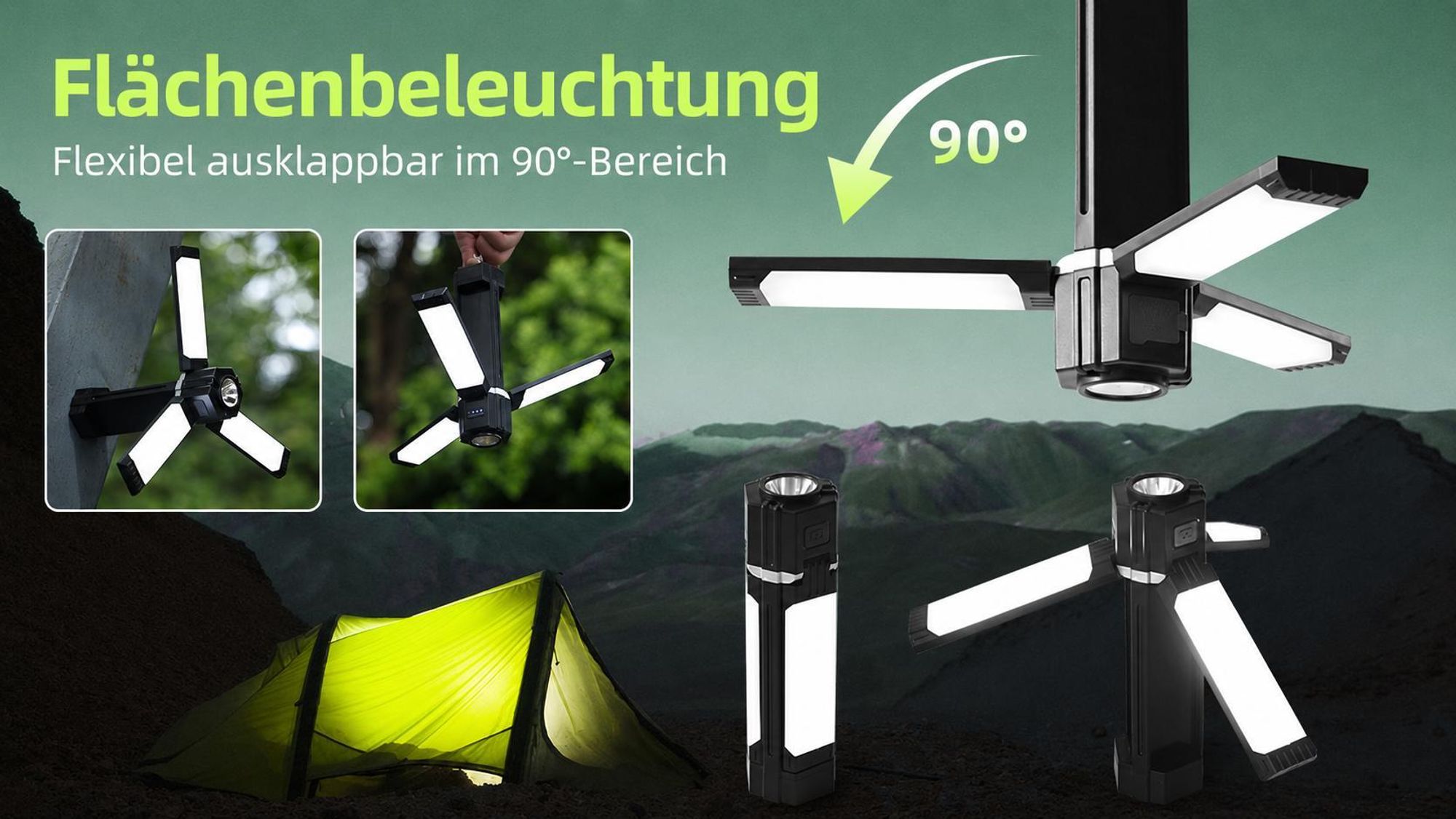 LED-Tragbare-Campingleuchte, 90-Grad-Drehung,3000mAh Campinglampen, wiederaufladbare Taschenlampe, faltbare Zeltleuchte, geeignet für Camping-Notfälle