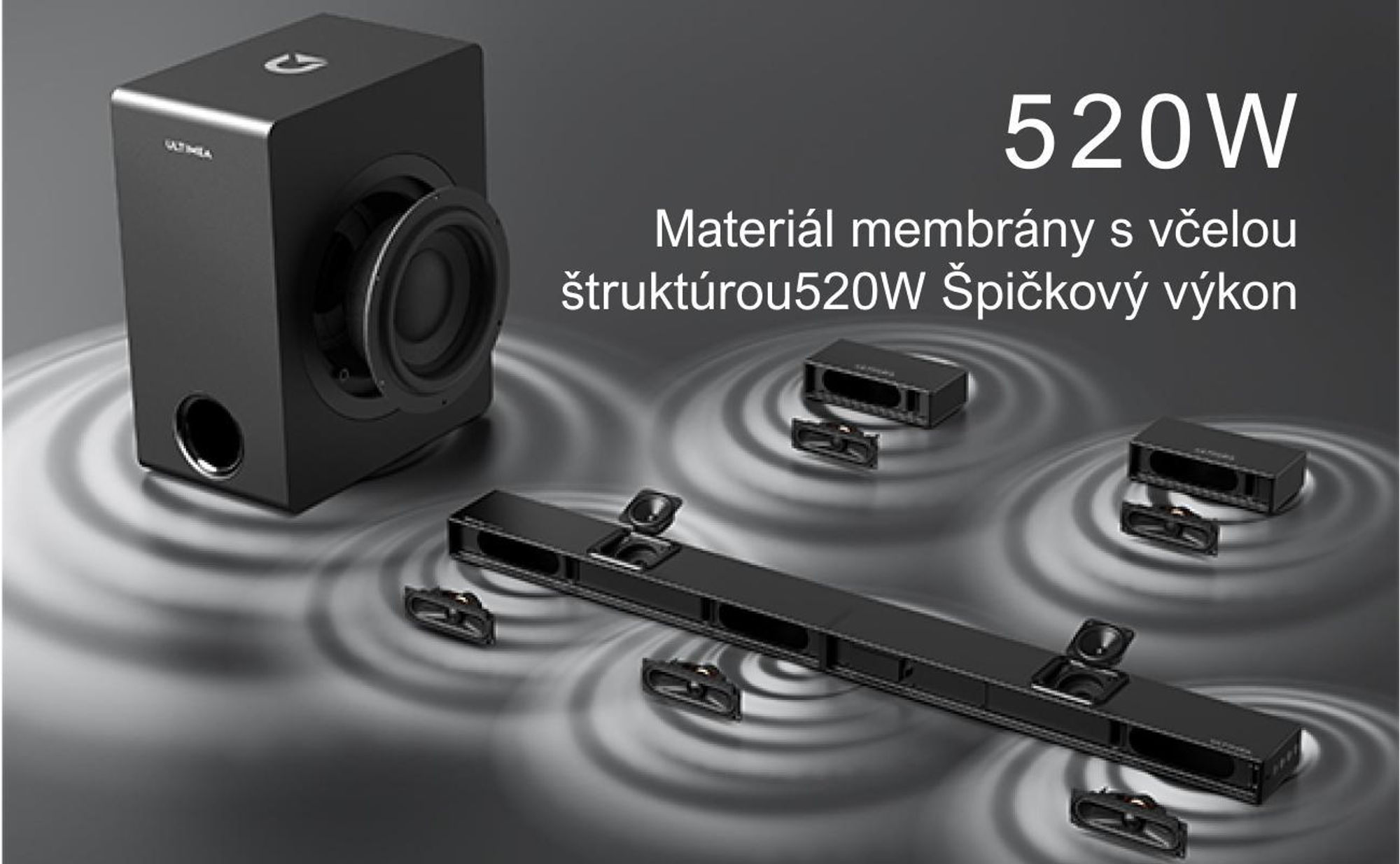 ULTIMEA 5.1.2-kanálový soundbar pre TV prijímače s Dolby Atmos, systém priestorového zvuku domáceho kina so subwooferom pre zvuk kina, HDMI/Opt/Bluetooth