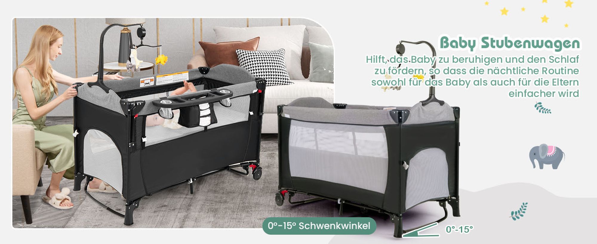 5 in 1 Reisebett mit Matratze 120 x 60cm, Höhenverstellbar Beistellbett mit Wickeltisch, Spieluhr & Spielzeug, Laufstall | Babybett | Babyschaukel für Baby ab Geburt (Grau)
