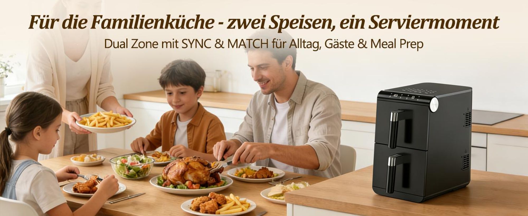 ZMH Heißluftfritteuse Airfryer 2 Kammern 11L 3in1 Air Fryer Dual Zone Doppelkammer übereinander 2800W Heissluftfritteuse mit Touchscreen & Timer