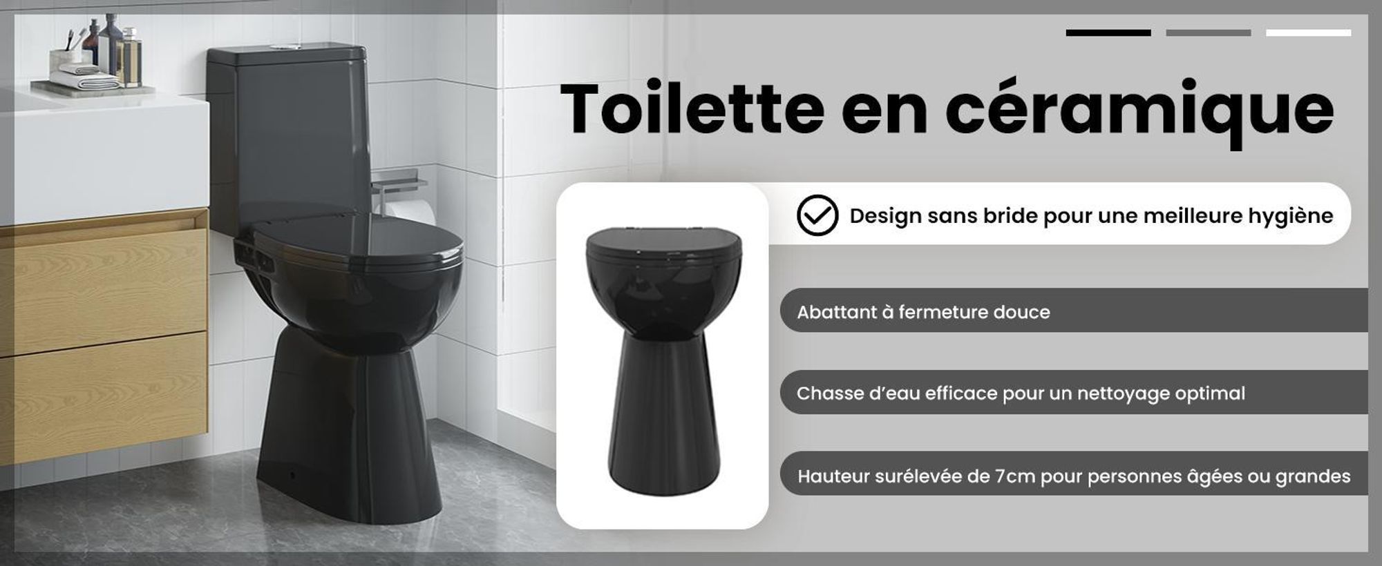 vidaXL WC sans rebord 7 cm Hauteur supplémentaire Soft-Close Céramique noire