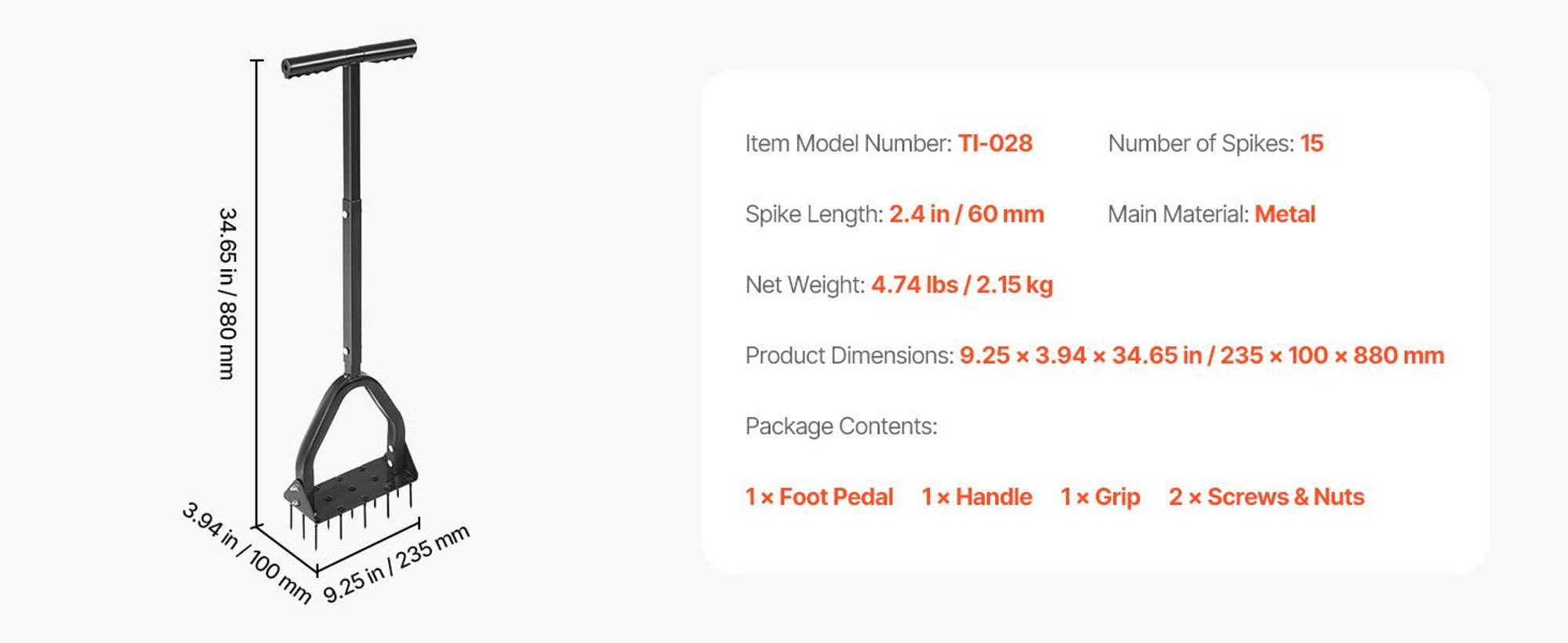VEVOR Rasenlüfter 23,5 cm Manuell, Aerifizierer für Rasen mit 15 Eisen Spikes Langem T-Griff Breiter Platte, Bodenbelüften Werkzeug Rasenbelüfter für Verdichtete Böden Rasenpflege Hof Garten, Schwarz
