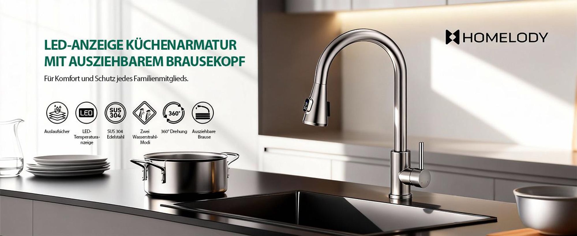 Homelody Wasserhahn Küche mit 2 Strahlarten,360° Drehbar Küchenarmatur,Edelstahl Spültischarmatur,Hochdruck Armatur,Mischbatterie Küche Matt Gebürstet