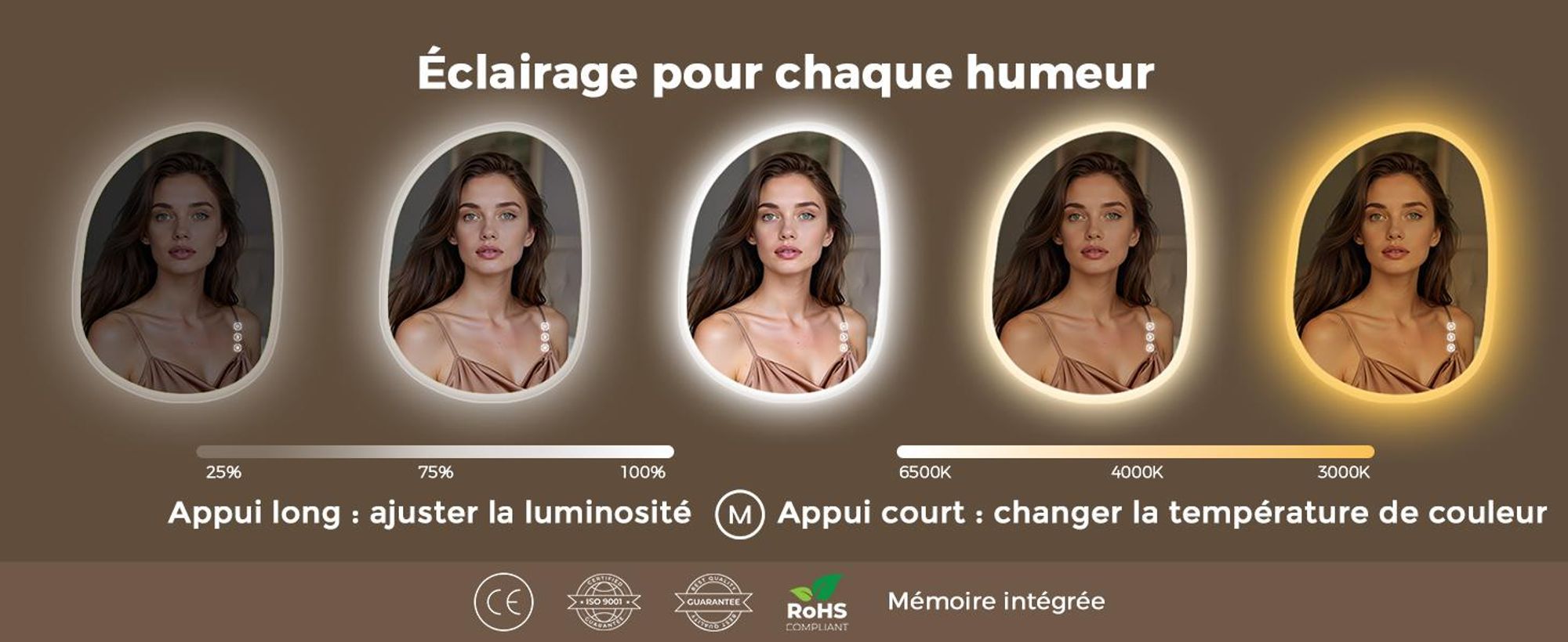 Miroir de salle de bain éclairé S'AFIELINA, 60x80 cm, miroir LED asymétrique, sans cadre, 3 couleurs de lumière, variateur d'intensité, anti-buée, fonction mémoire