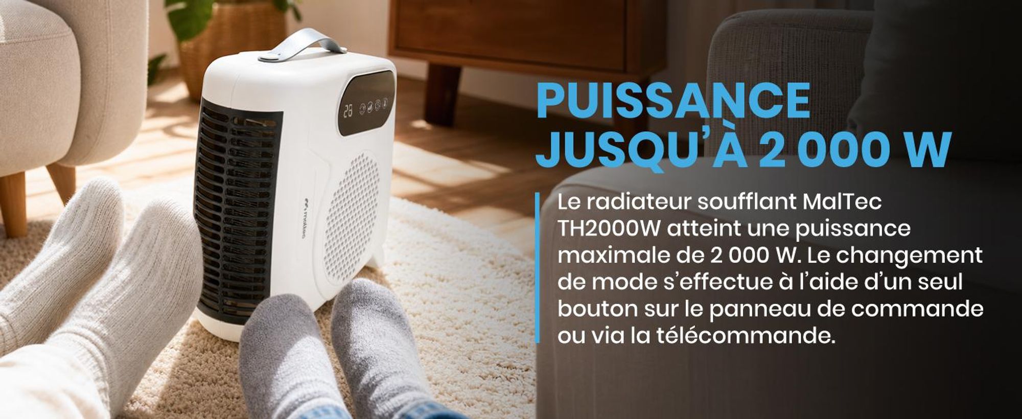Chauffage électrique MalTec, chauffage rapide, fonction ventilateur, 2000 W, thermostat (15–40 °C), minuterie, télécommande, couleur : blanc