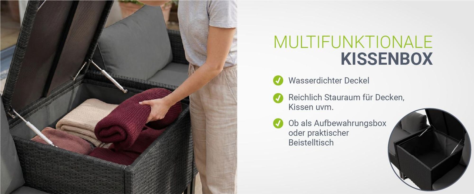 Juskys Polyrattan Lounge Santorini - Sitzecke mit Beistelltisch & Auflagenbox - Schwarz