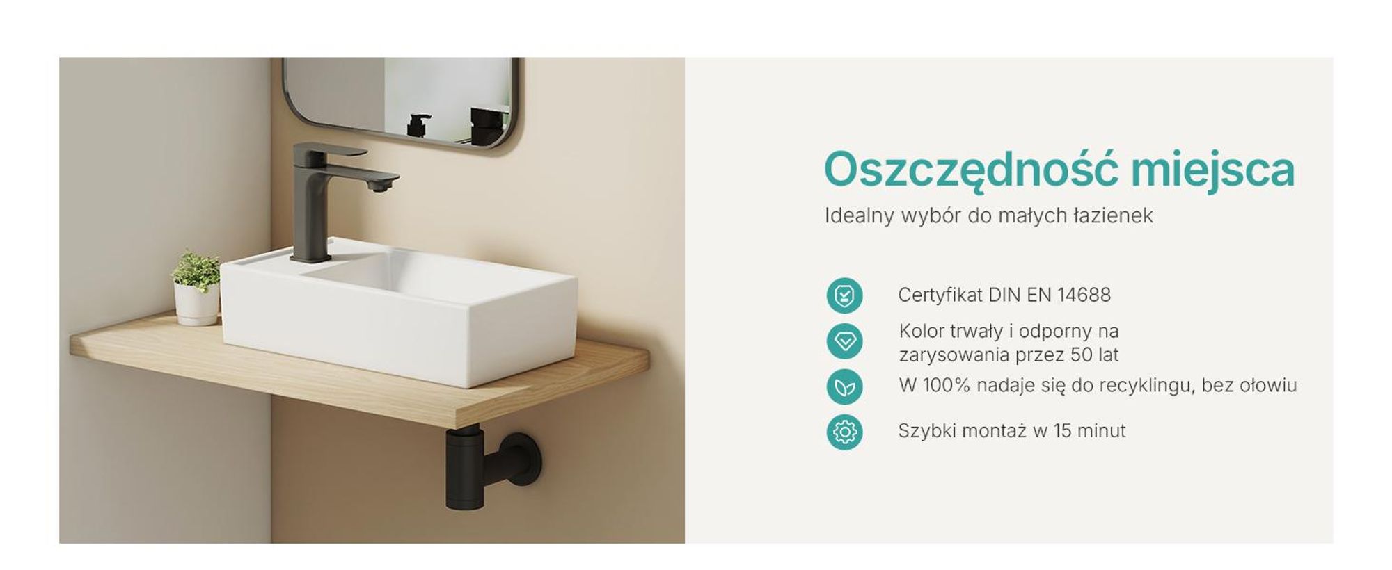 EMKE Umywalka nablatowa ceramiczna prostokątna 410x220mm biała błyszcząca z otworem na baterię, nowoczesny design do łazienki i WC dla gości