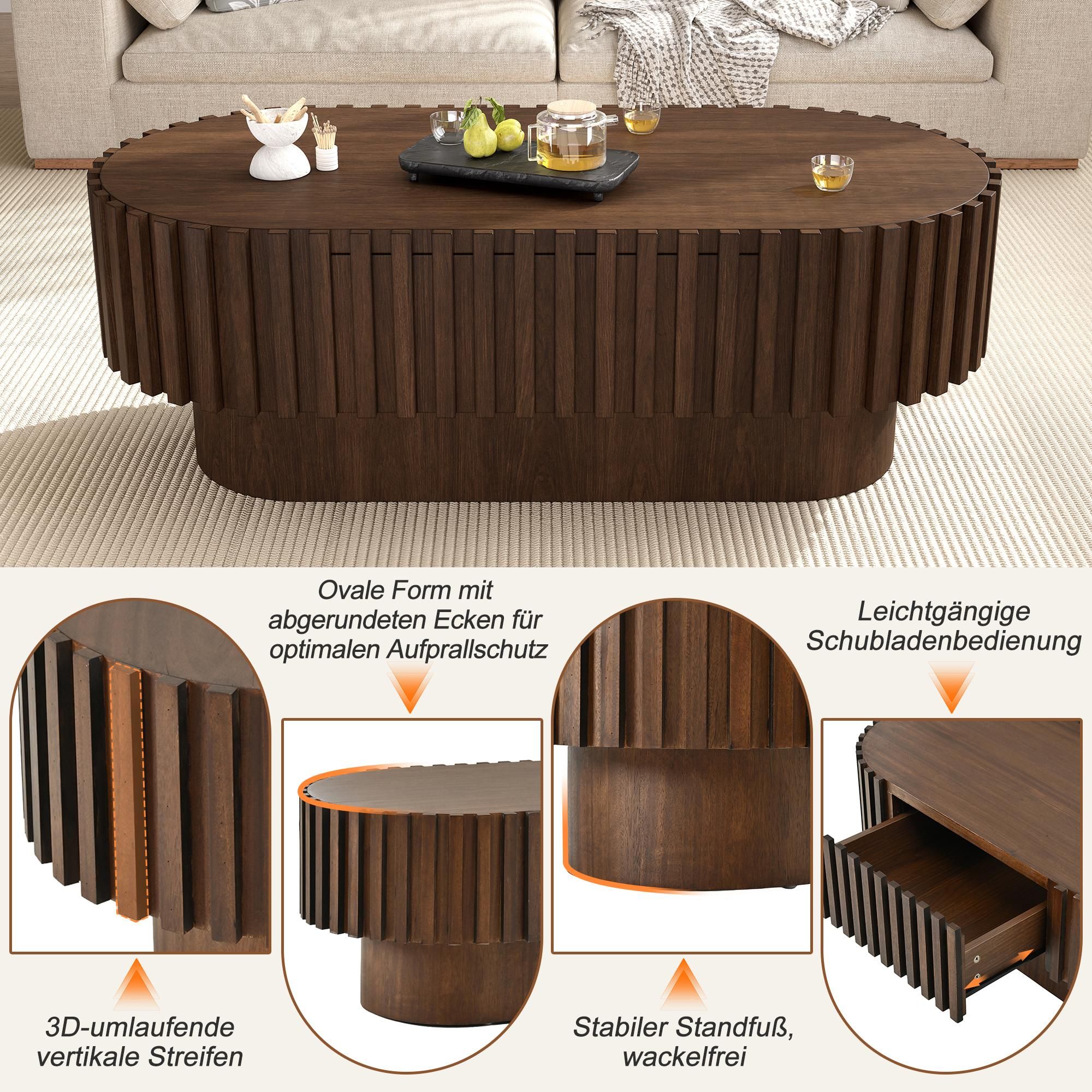 Merax Couchtisch oval mit 1 Schublade, Sofatisch Beistelltisch aus MDF mit Stauraum, Wohnzimmertisch mit vertikalen Streifendekoren, Nussbaum