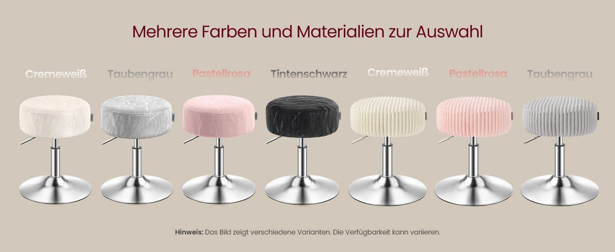 VASAGLE Schminkhocker Höhenverstellbarer Sitzhocker Rund 360° Drehbar ohne Lehne 38,5 x 38,5 x 44-56 cm Grau
