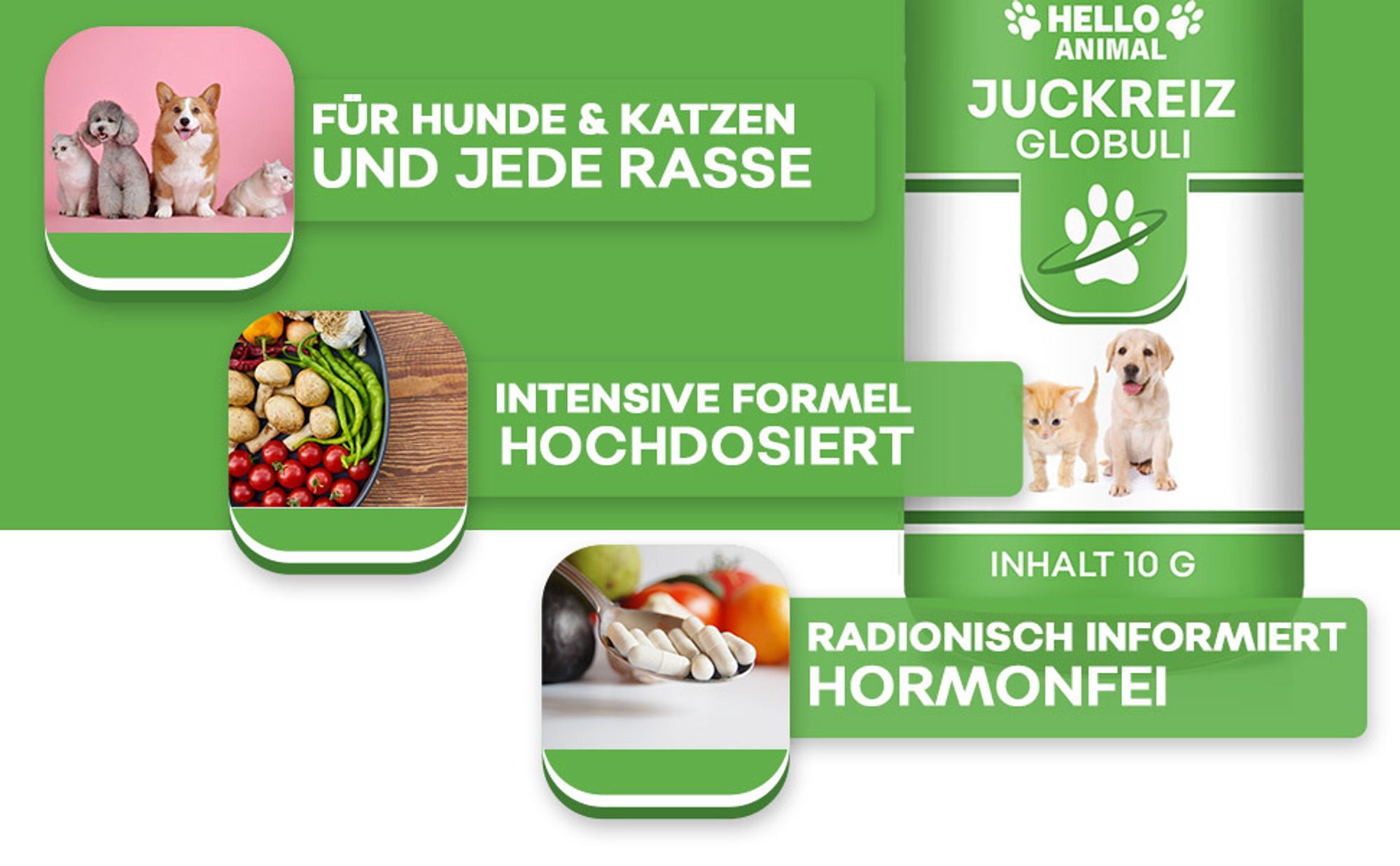 Hello Animal® Juckreiz Kügelchen – für Hund und Katzen – Unterstützung bei der Linderung von Hautjuckreiz – Beruhigung der Haut – bei Hautproblemen