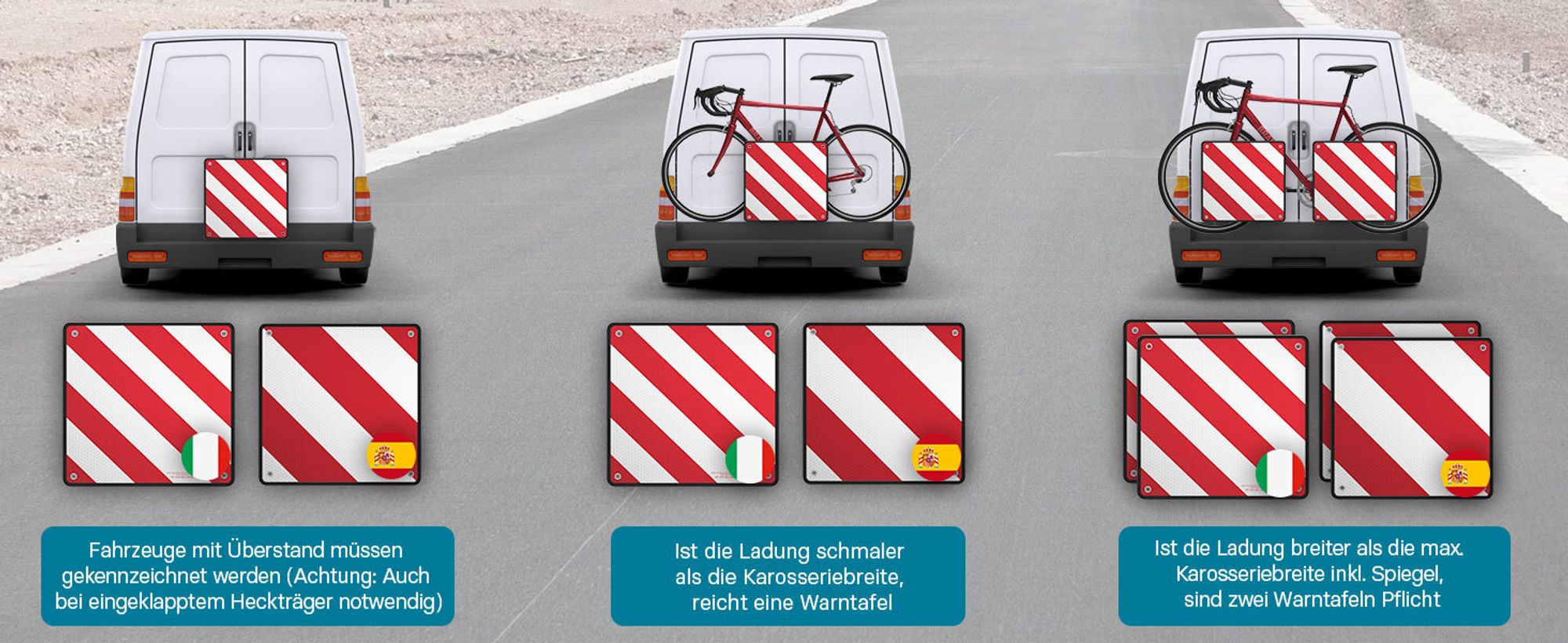 Wiltec 2in1 rot weiße Warntafel Spanien und Italien aus Aluminium mit Befestigungslöchern 500x500 mm reflektierend Warnschild für Fahrradträger und Heckträger zur Kennzeichnung überstehender Ladung