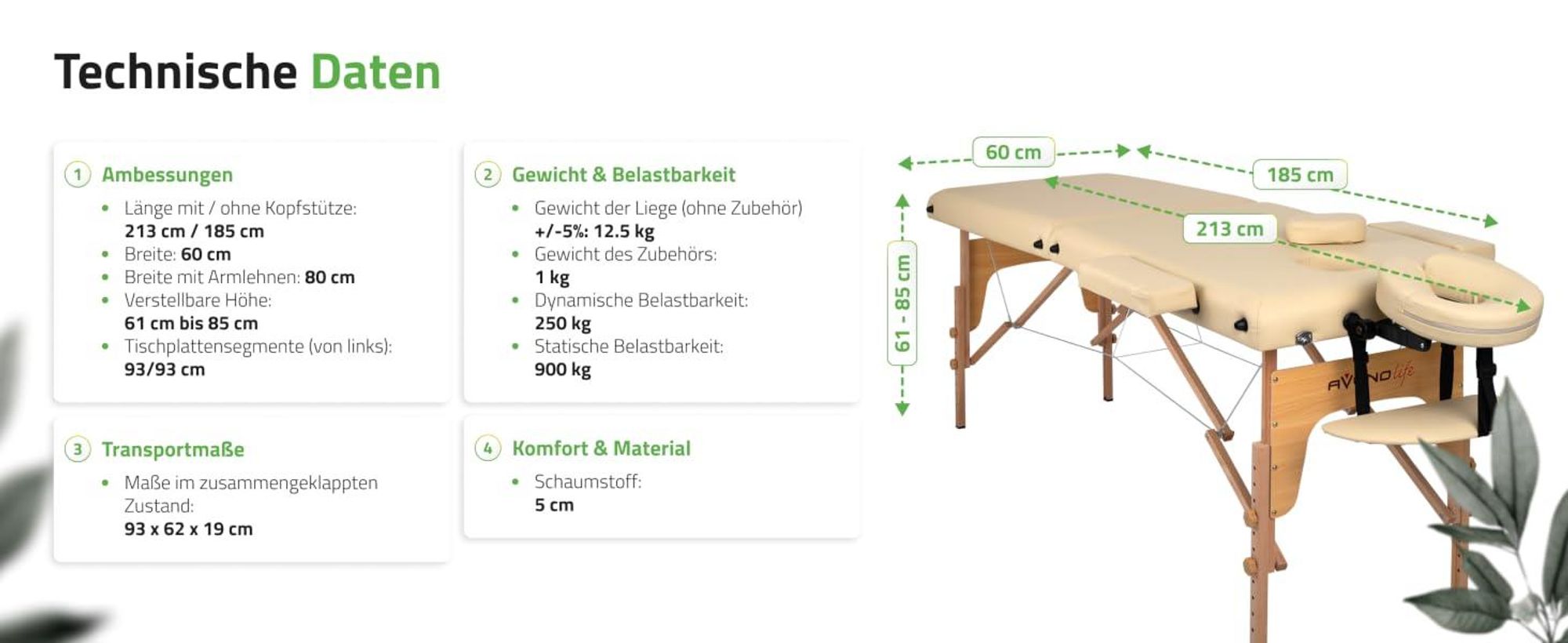 Habys Sofia Light Massageliege Mobile Massagetisch Kosmetikliege 2 Zonen Tragebares Massagebett höhenverstellbar inkl. Kopfstütze & Armlehnen 213 cm