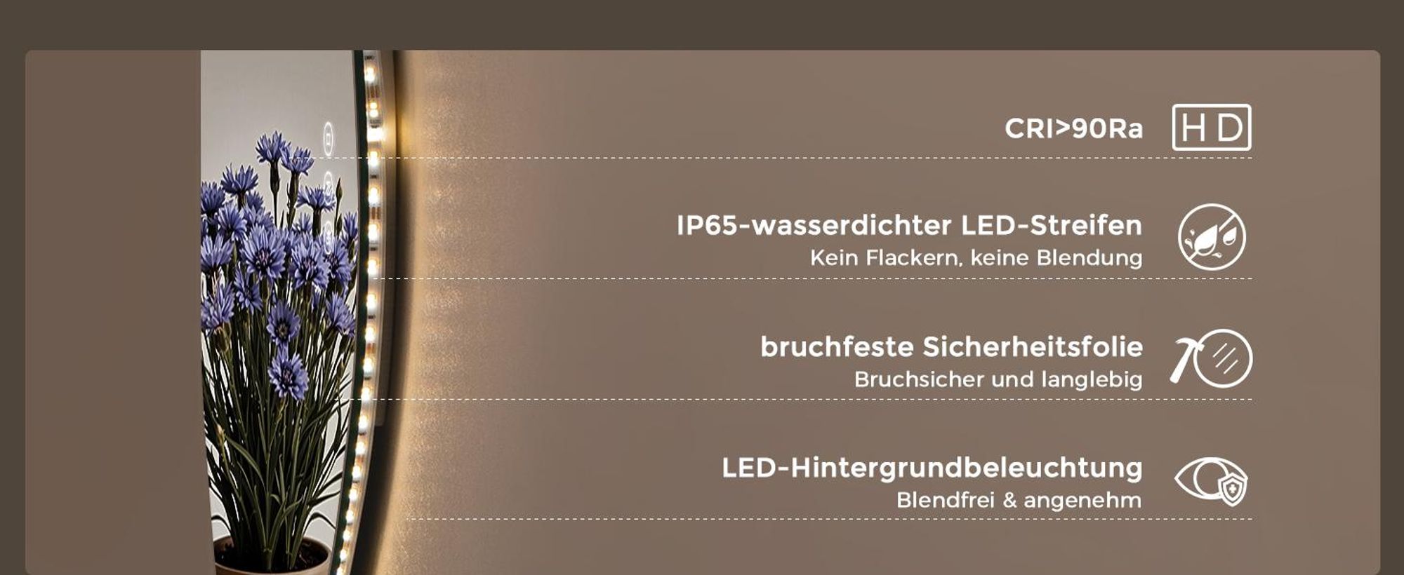 S'AFIELINA Badezimmerspiegel mit LED-Beleuchtung, 60 x 70 cm, mit Hintergrundbeleuchtung, rahmenlos, 3 Lichtfarben, dimmbar, mit Antibeschlag-Funktion und Memory-Funktion.