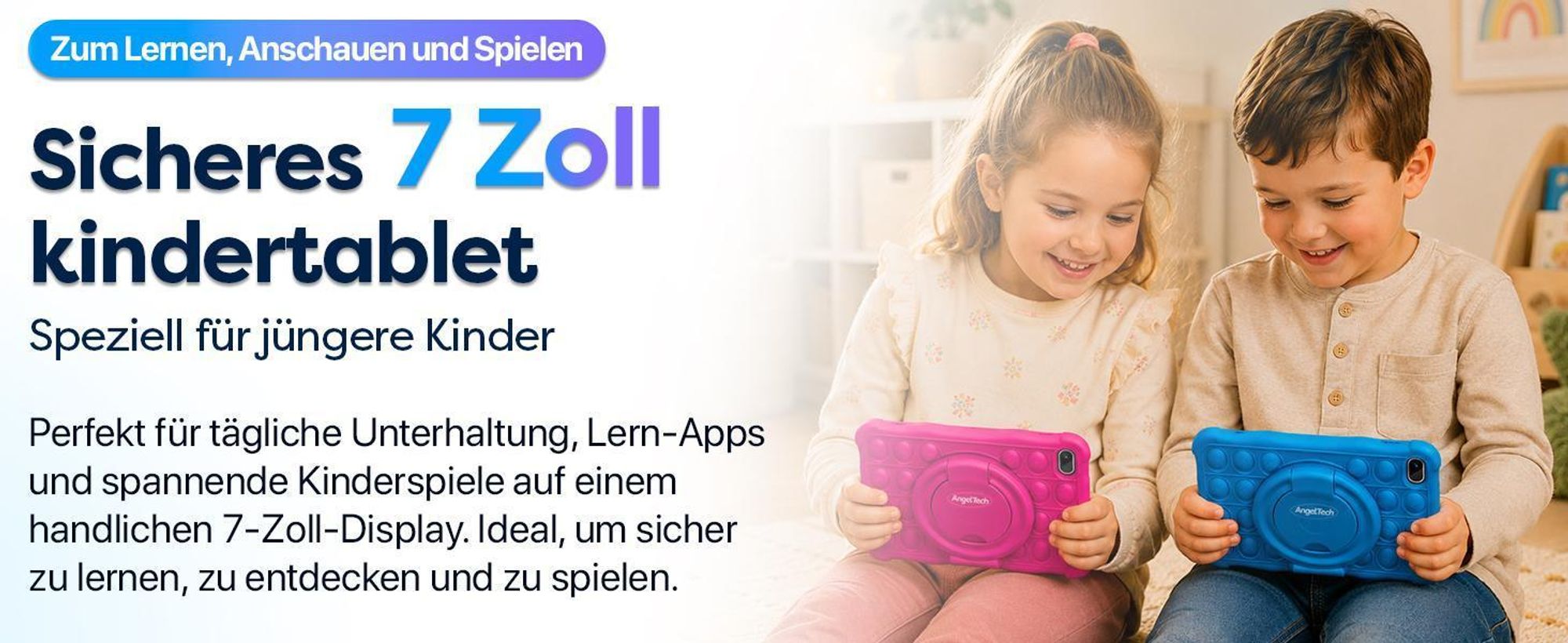 AngelTech Kinderpaket SLIM - Kindertablet + Kinderkopfhörer - Android 15 - 3+5GB RAM - 32+64 GB - Elterliche Kontrolle - 7 Zoll - Rosa
