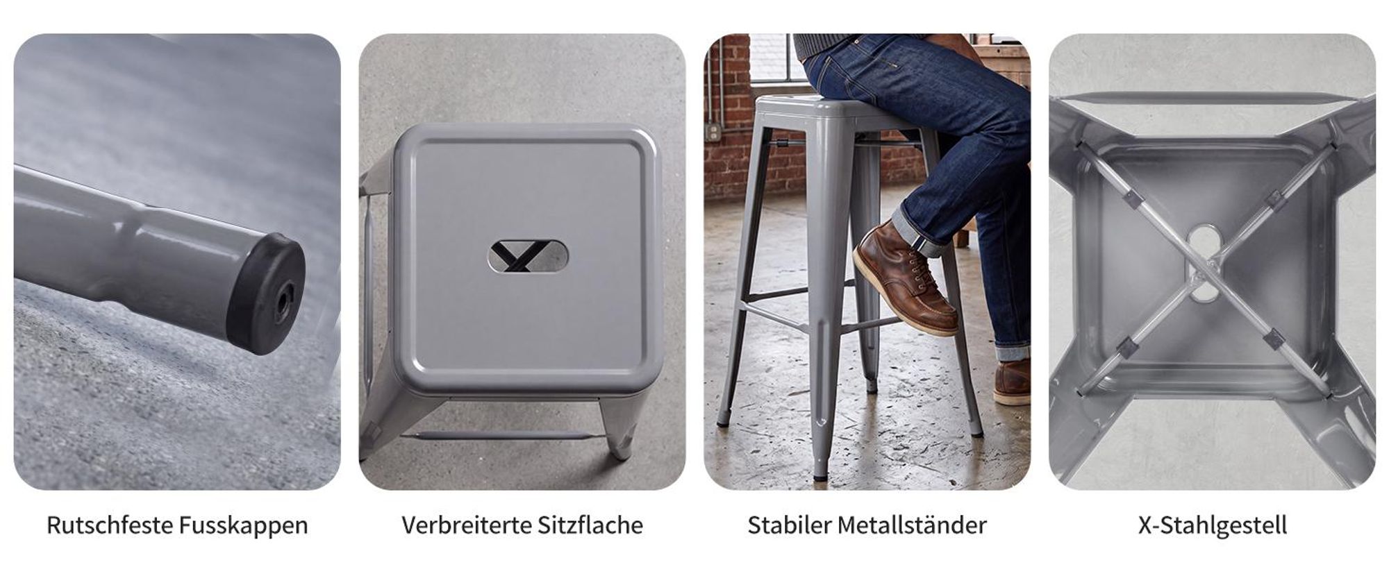 Duhome Barhocker Eisen Barstühle 4er Set, Sitzhöhe 76cm Tresenhocker, Stapelbar Metall Bistrohocker mit Fußstütze im Industry Design, Grau