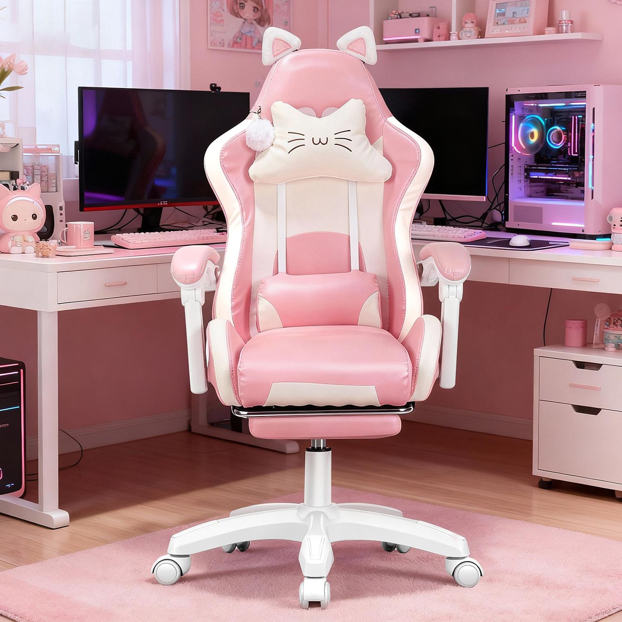 Gaming Stuhl mit Lendenwirbelstütze und Fußstütze 150kg, Bürostuhl Ergonomisch Schreibtischstuhl Racing Stuhl Computerstuhl Höhenverstellbar