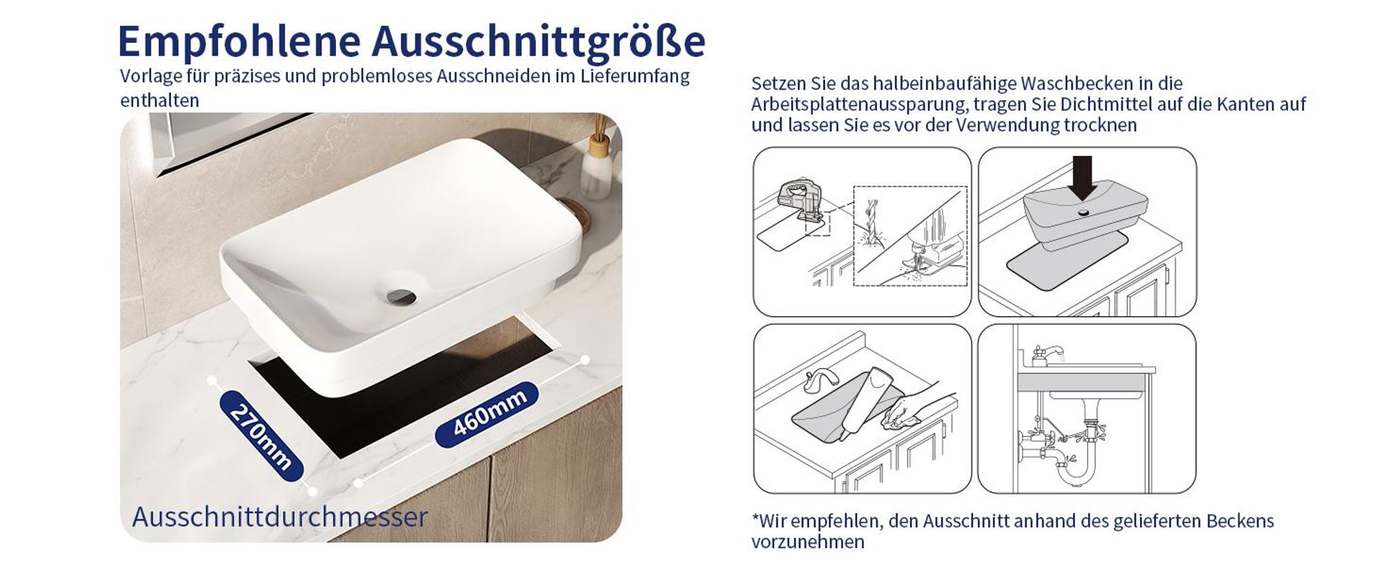 Aufsatzwaschbecken Rechteckig 49x30cm Weiß Keramik – Halbeinbau Waschbecken ohne Hahnloch, 44,5 mm Standardabfluss für Waschtisch & Badezimmer