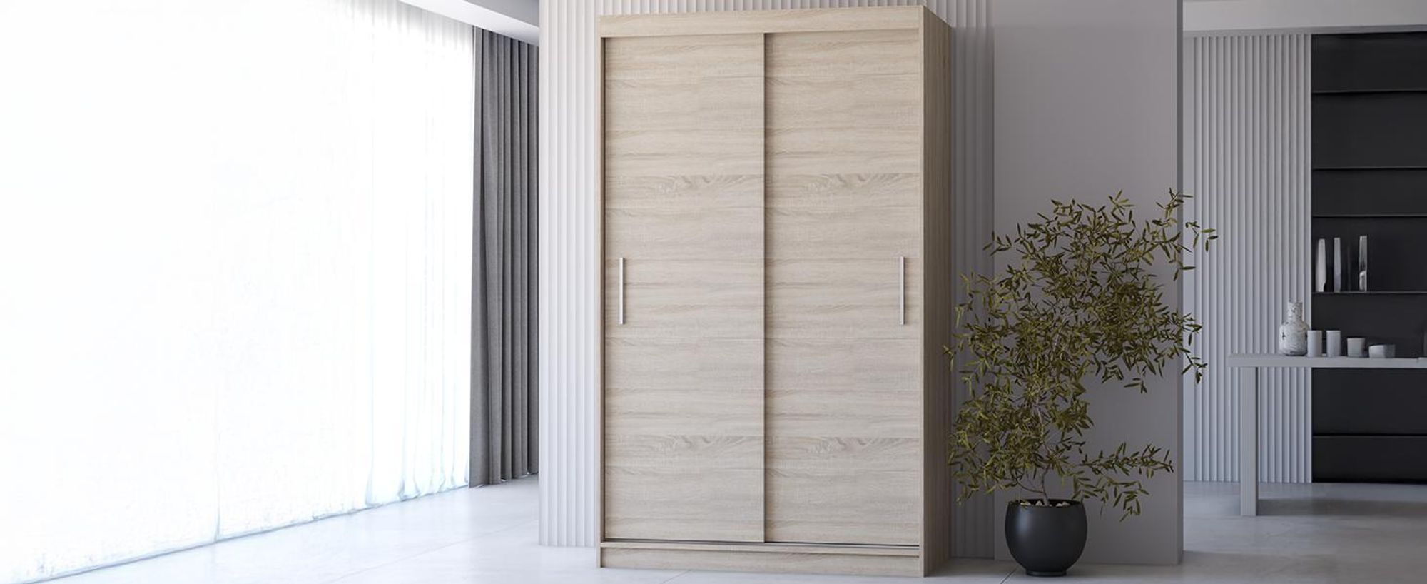 Schwebetürenschrank Kleiderschrank Neomi 04, Sonoma/Sonoma, 2-türig, 120 cm.