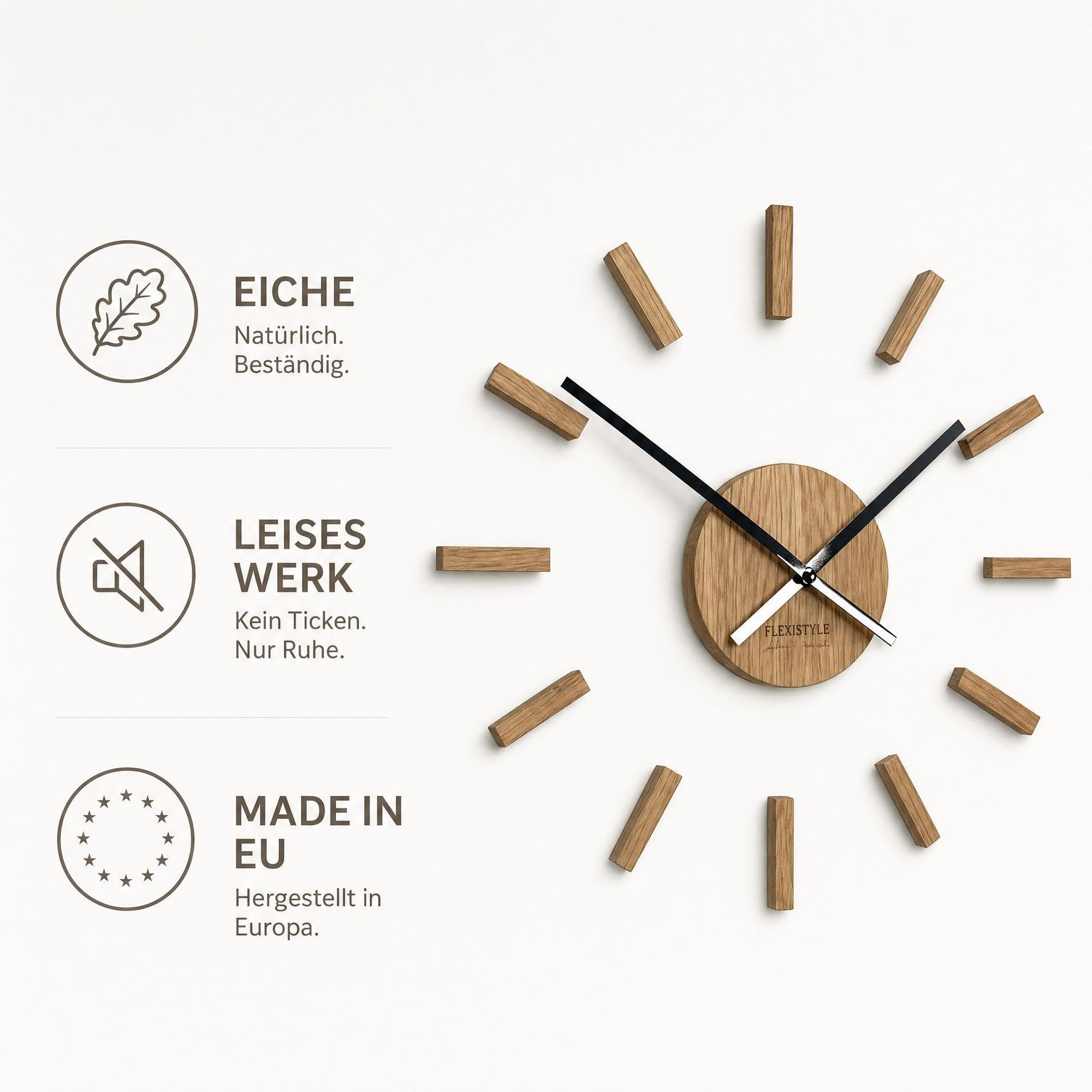 Wanduhr groß 75cm Holz Eiche modern lautlos ohne Tickgeräusche minimalistisch Design Wanddekoration Wohnzimmer Küche Büro Badezimmer Elegante große