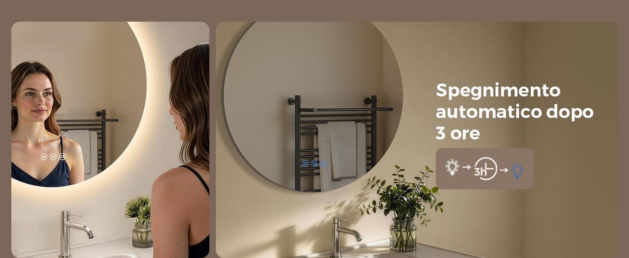 S'AFIELINA Specchio da bagno a LED specchio rotondo da parete con interruttore a sfioramento, 3 luci 3000/4000/6500K 70 cm