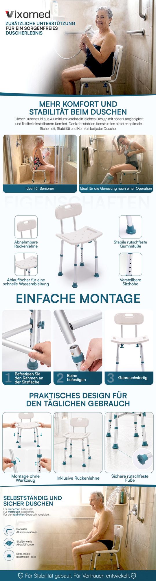VixoMed® Duschstuhl mit Rückenlehne – Höhenverstellbarer Duschhocker für Senioren – Rutschfester Duschsitz mit Abnehmbarer Rückenlehne – Badehocker