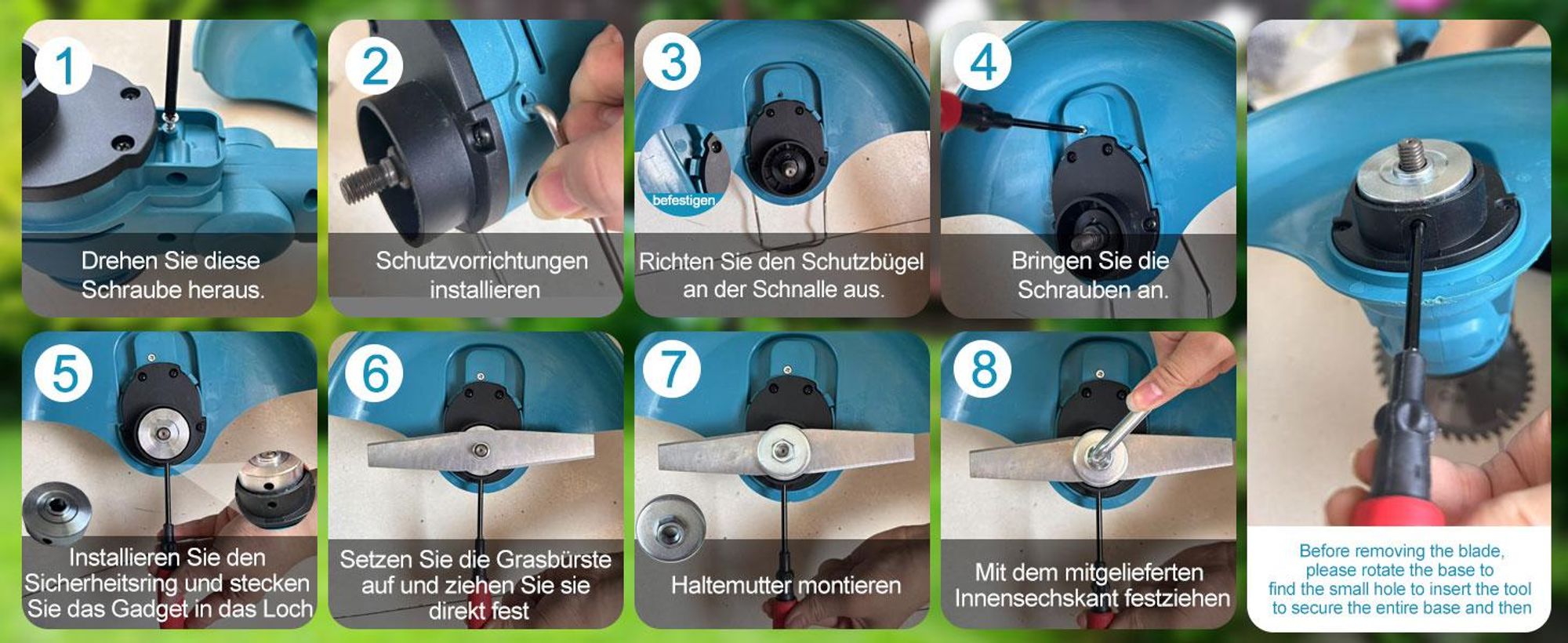 Akku Rasentrimmer 750W mit 2× 4000mAh Akkus 21V, 4 in 1 Bürstenloser Motor Rasentrimmer mit Unkrautbürste, Freischneider mit Messer und Ladegerät