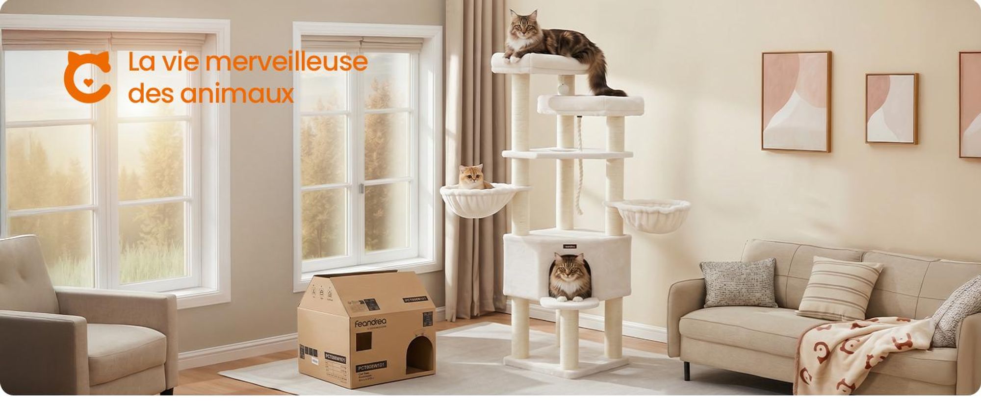 FEANDREA Kratzbaum, mehrstöckiger Katzenbaum, dicke Sisalstämme, für große Katzen, Katzenkratzbaum, weiß