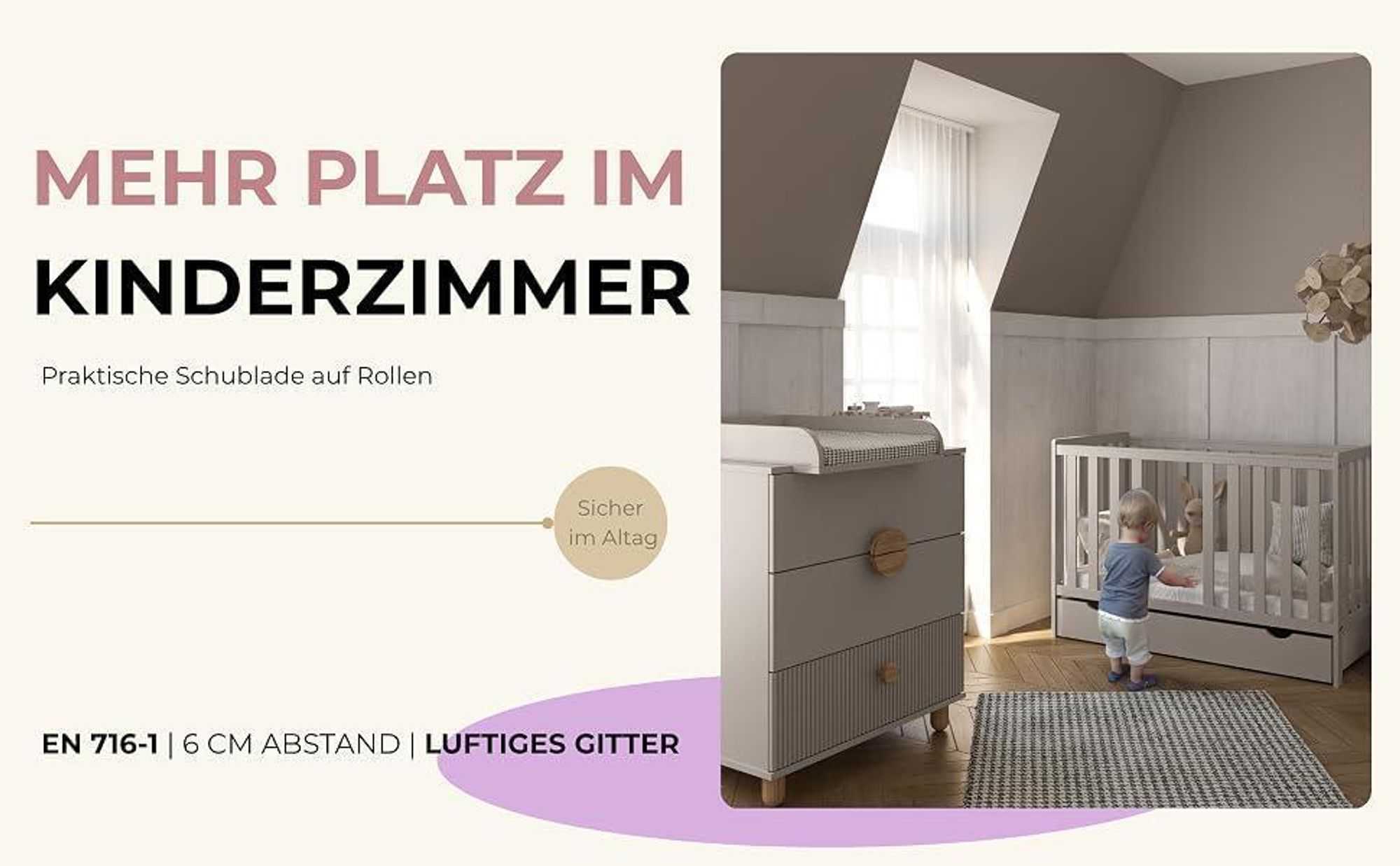 ZEE BAMBI Weiß Babybett 120x60 cm 2in1 mit Schublade & Schutzbarriere Klassisches Gitterbett 3-Fach Höhenverstellbar Kinderbett mit Beißschutz