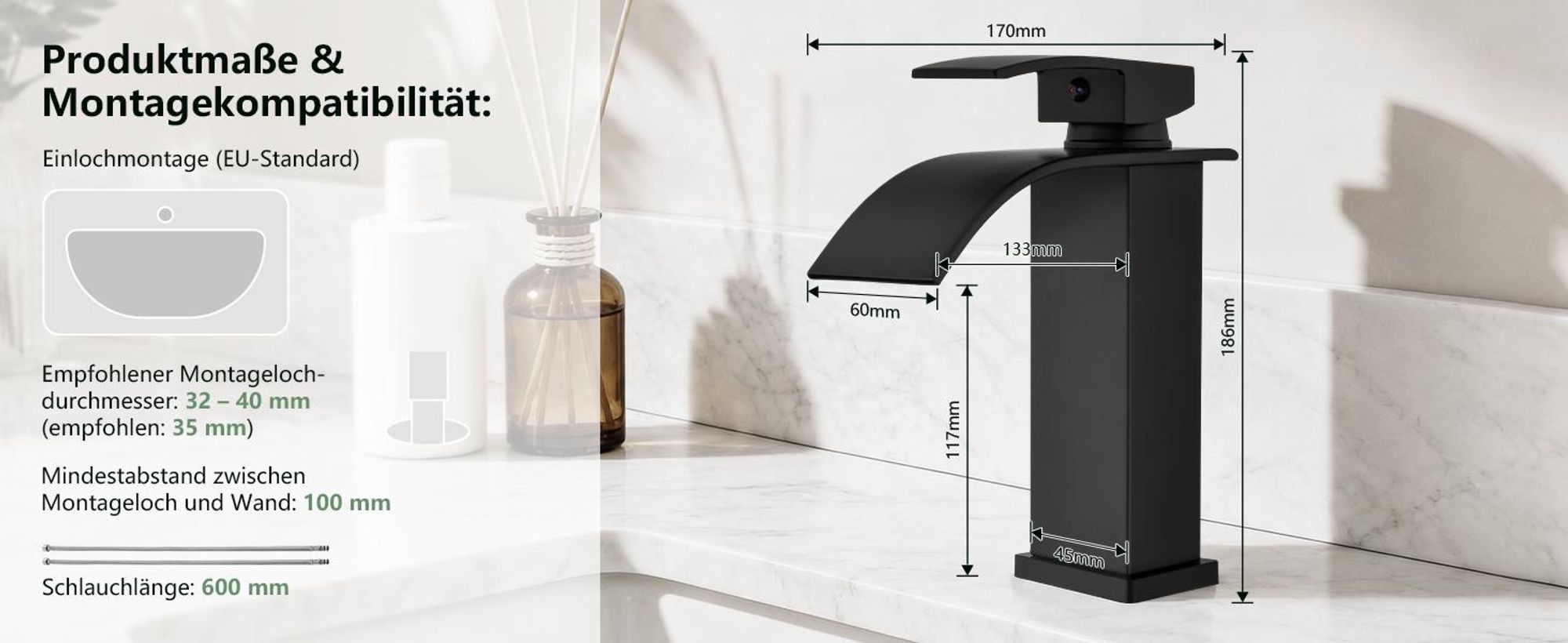 Homelody Wasserfall Waschtischarmatur, Wasserhahn Bad Einhebel Waschbeckenhahn aus SUS304 Edelstahl, Mischbatterie Badezimmer Bleifrei, Schwarz
