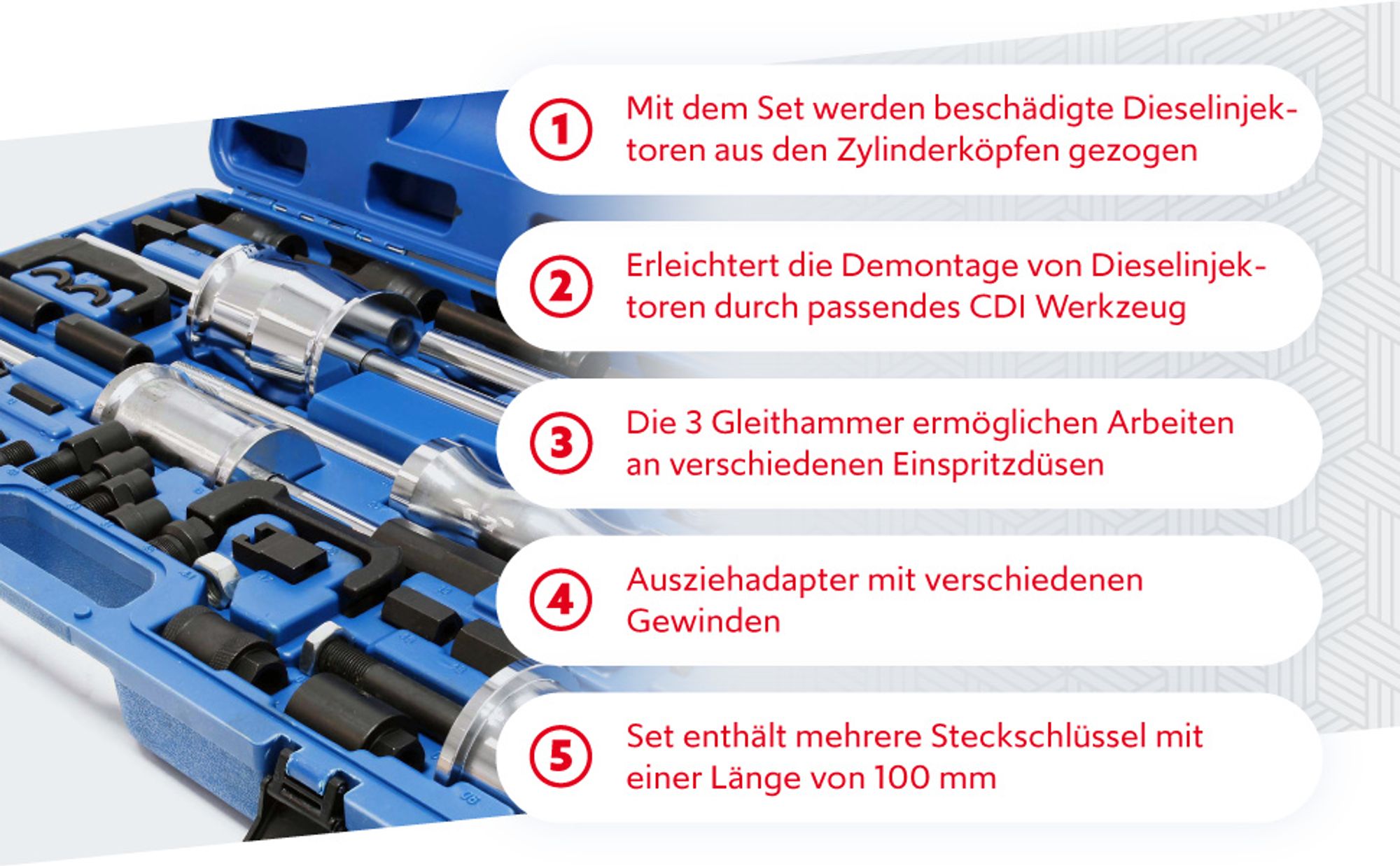 Wiltec 40tlg. CDI Injektoren Auszieher Set, Einspritzdüsen Abzieher mit 3x Gleithammer & verschiedenen Ausziehadaptern im Koffer