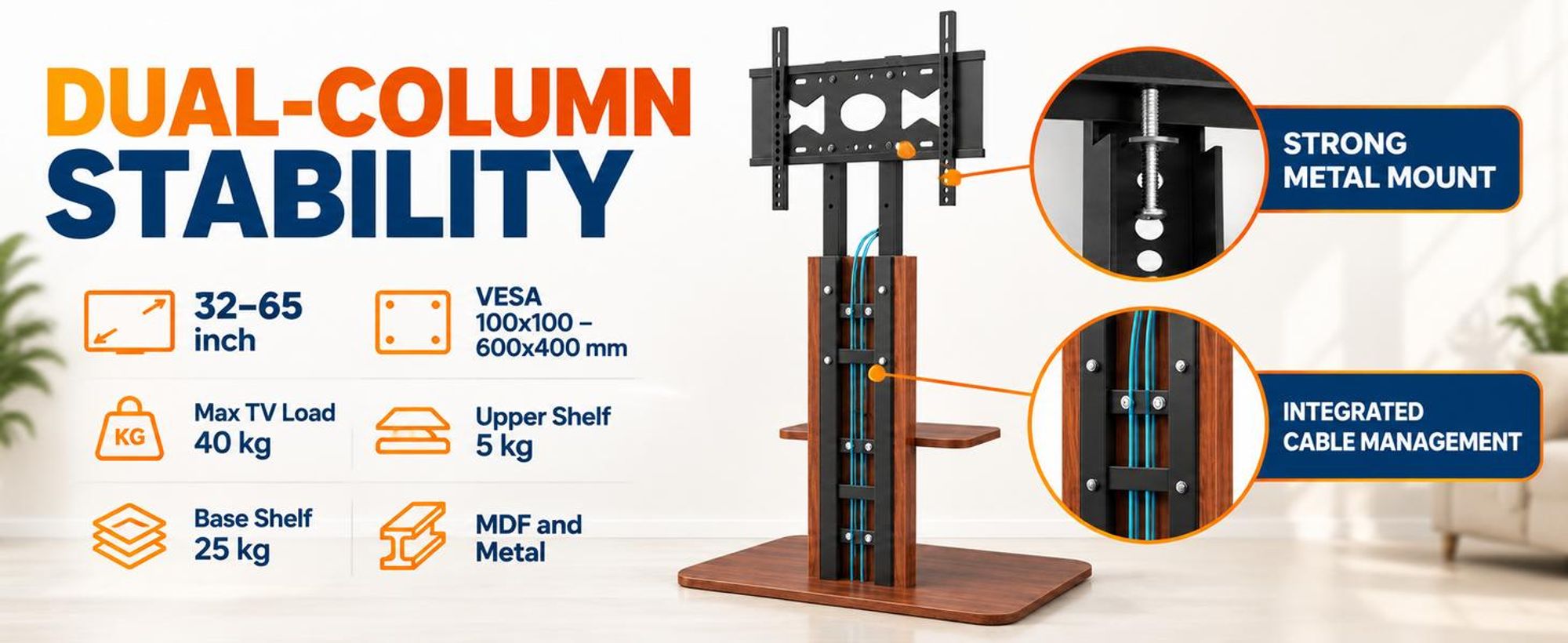 WISFOR TV-Ständer Holzoptik 32-65 Zoll höhenverstellbar 2 Ablagen VESA 600x400