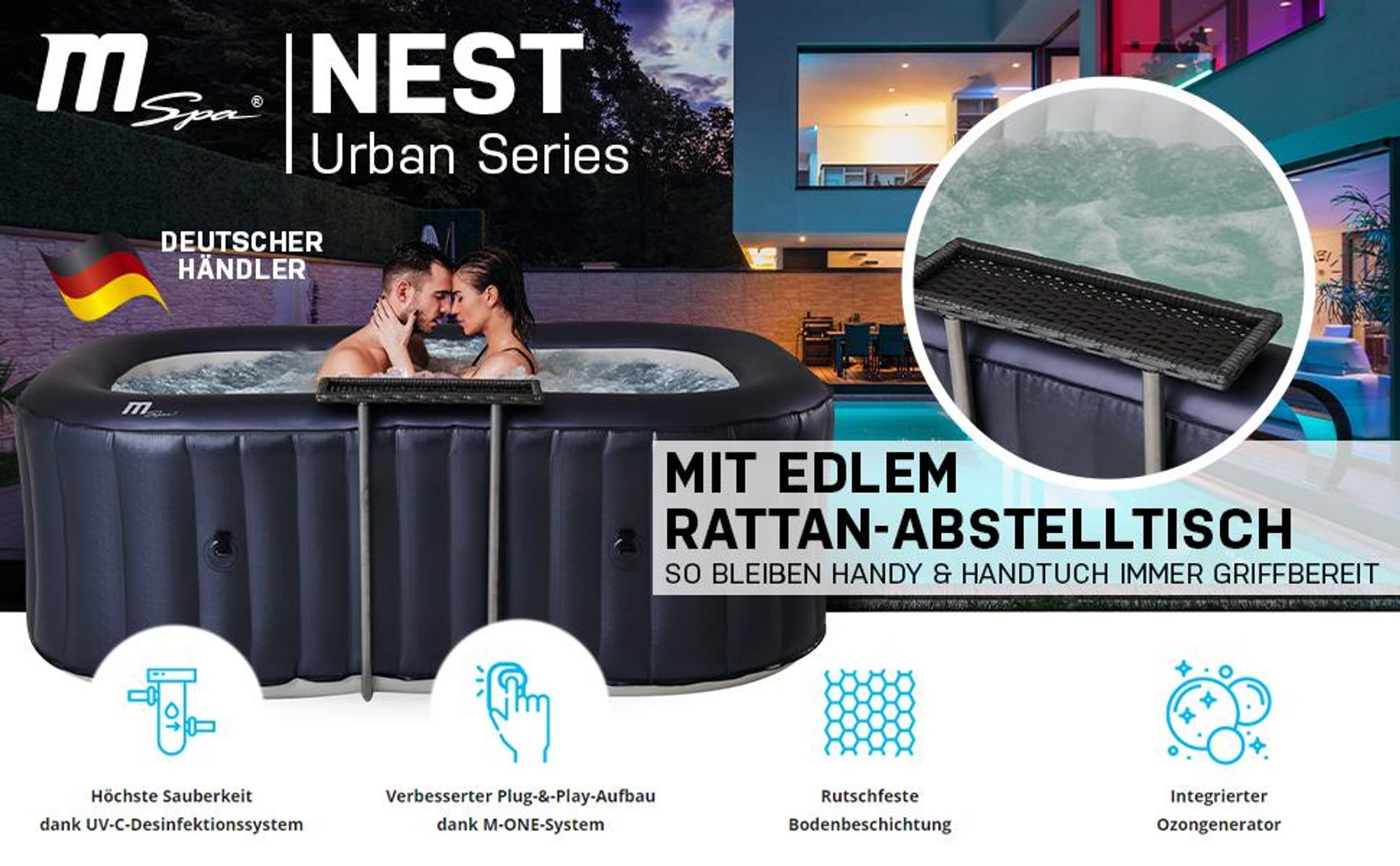 MSpa Whirlpool Urban Nest U-NE021 | Indoor & Outdoor Whirlpool - Aufblasbar - 2 Personen - Massagefunktion - Anti-Frost - Ozon-UV-C-Desinfektion